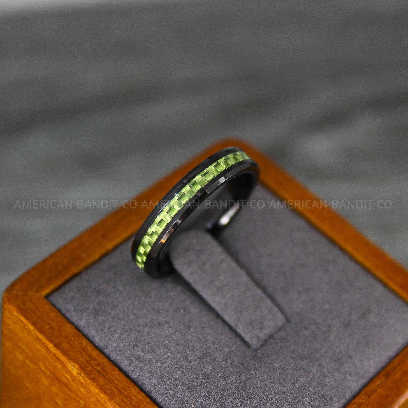 IMG_8162 Black Wedding Ring, Black Wedding Band, Black Ring with Green Carbon Fiber Inlay - Image 1