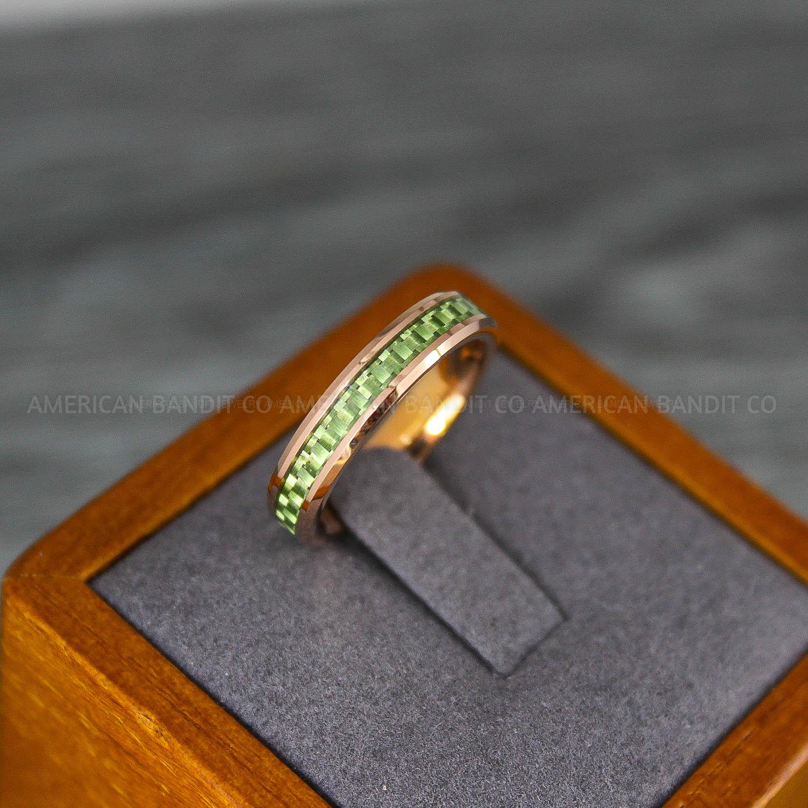 IMG_8168 Rose Gold Wedding Ring, Rose Gold Wedding Band, Rose Gold Ring with Green Carbon Fiber Inlay - Image 1