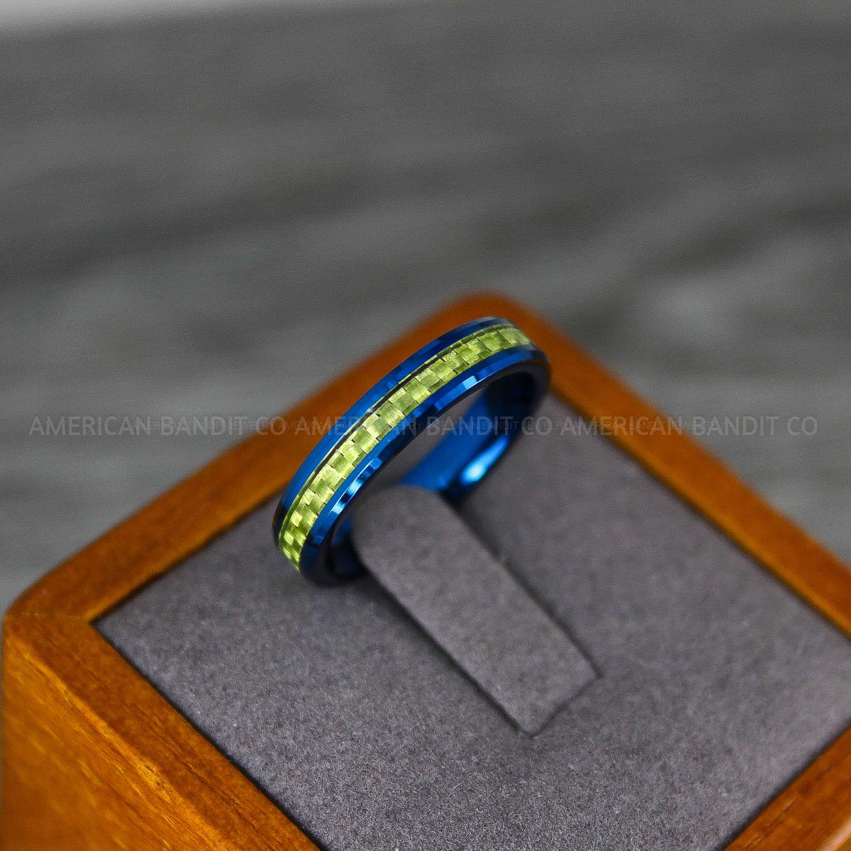 IMG_8169 Blue Wedding Ring, Blue Wedding Band, Blue Ring with Green Carbon Fiber Inlay - Image 1