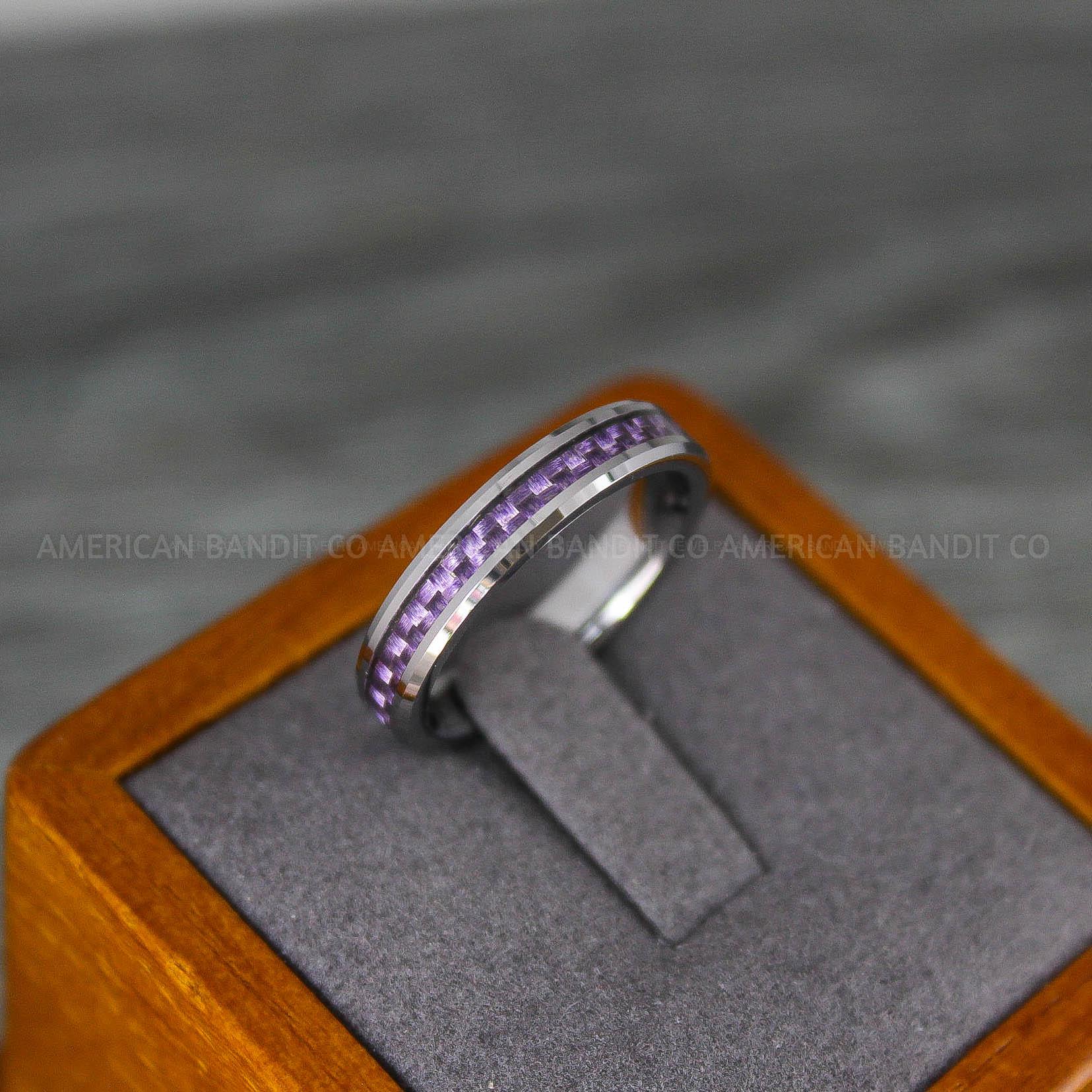 IMG_8170 Silver Wedding Ring, Silver Wedding Band, Silver Ring with Purple Carbon Fiber Inlay - Image 1