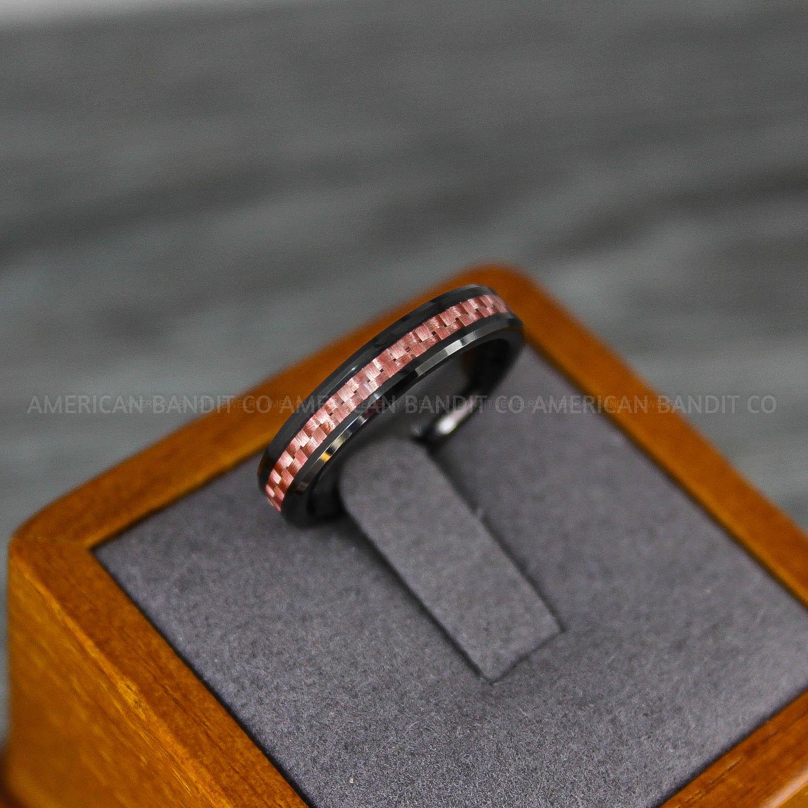 IMG_8175 Black Wedding Ring, Black Wedding Band, Black Ring with Pink Carbon Fiber Inlay - Image 1