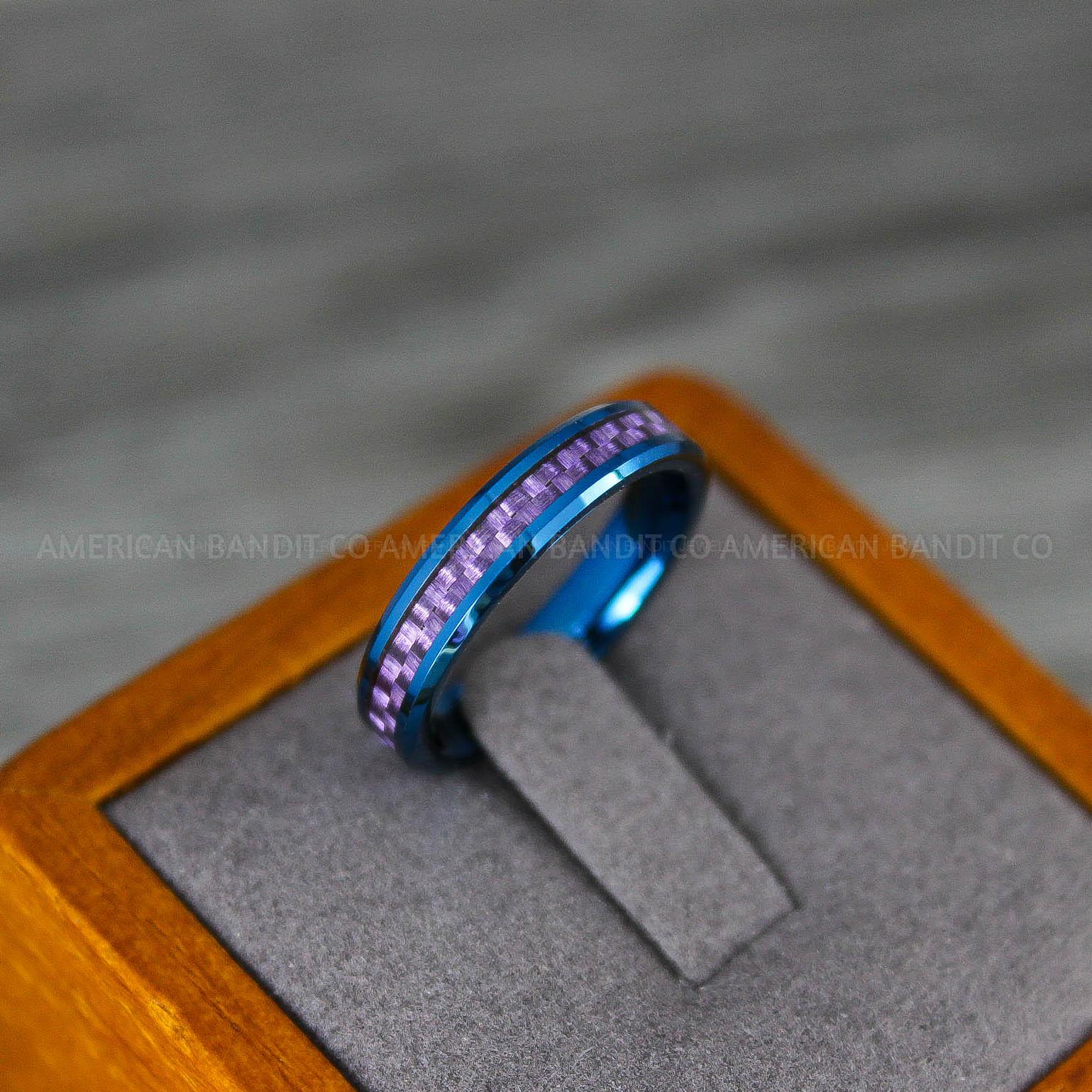 IMG_8186 Blue Wedding Band, Blue Wedding Ring, Blue Tungsten Ring with Purple Carbon Fiber Inlay, 4mm Blue Ring - Image 1