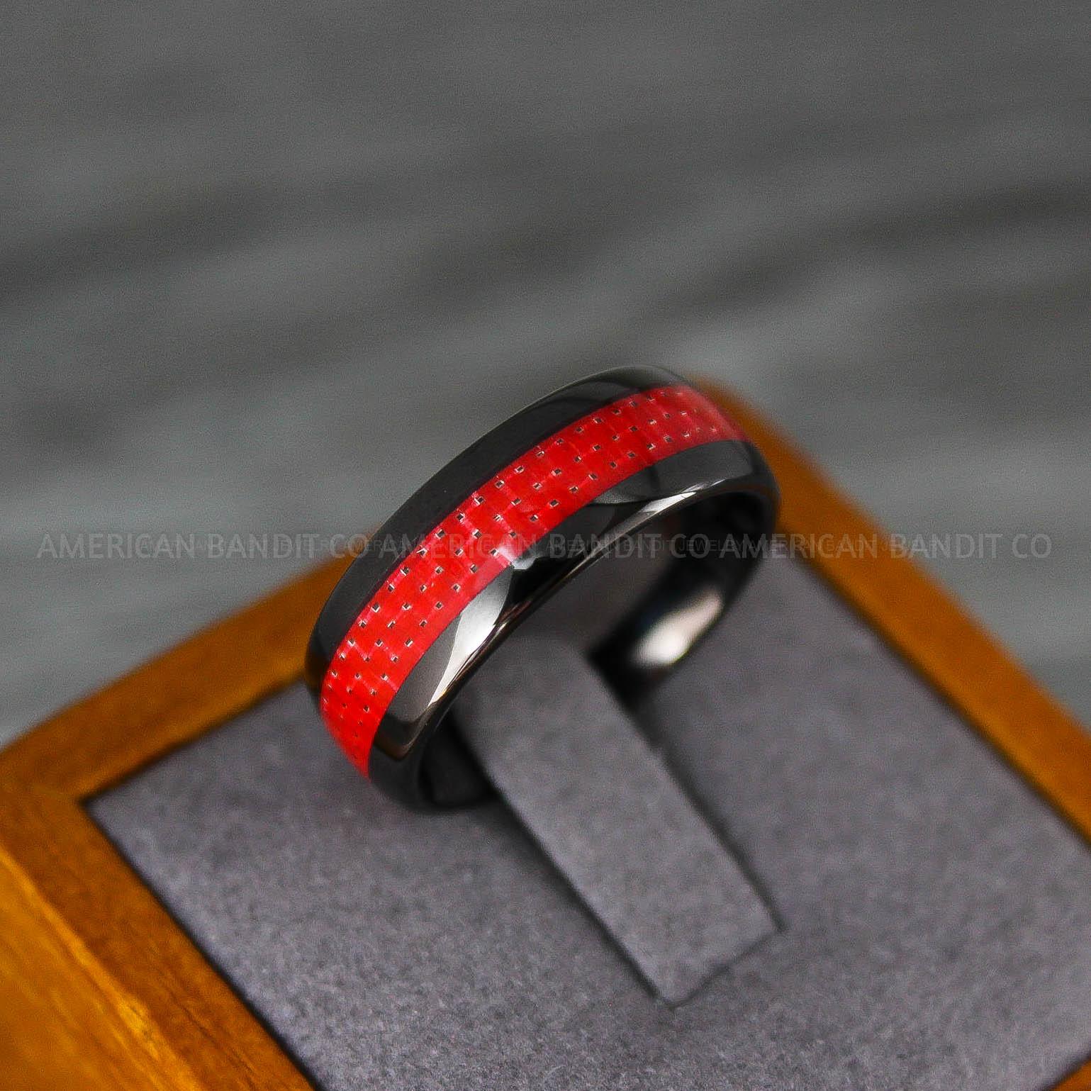 IMG_8192 Black Wedding Band, Black Wedding Ring, Black Tungsten Ring with Red Carbon Fiber Inlay, 8mm Black Ring - Image 1