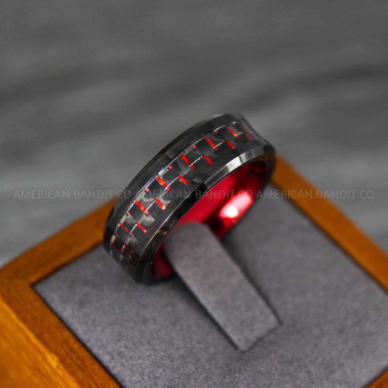 IMG_8193 Black Wedding Band, Black Wedding Ring, Black Tungsten Ring with Red Carbon Fiber Inlay, 8mm Black Ring - Image 1