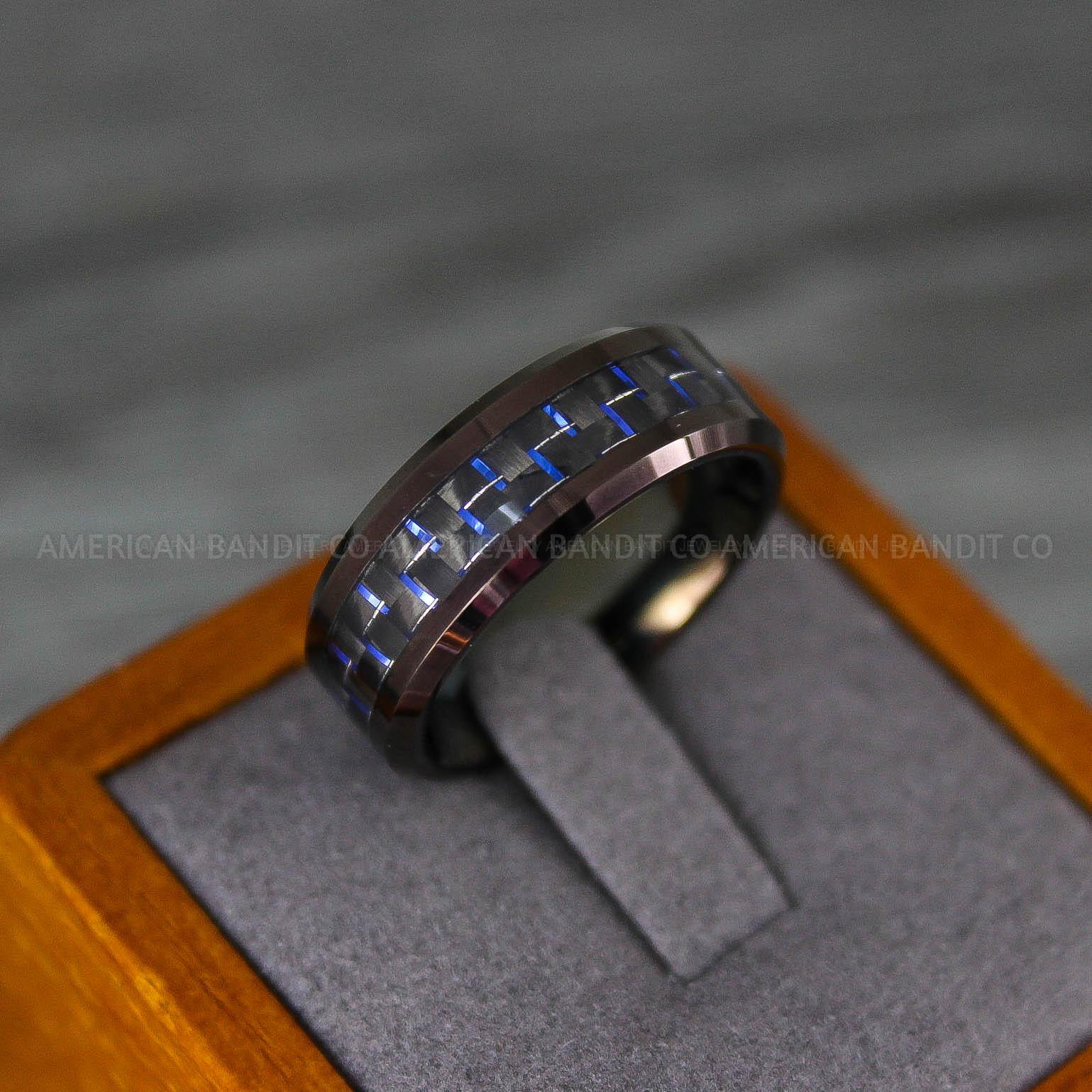 IMG_8195 Black Wedding Band, Black Wedding Ring, Black Tungsten Ring with Blue Carbon Fiber Inlay, 8mm Black Ring - Image 1