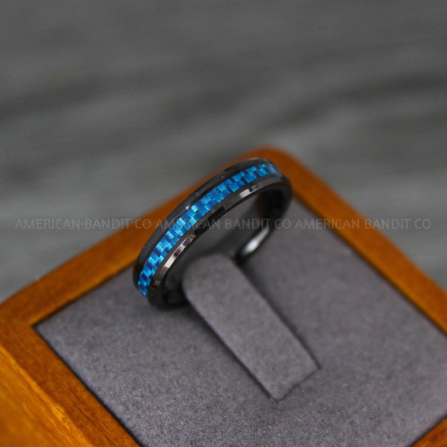 IMG_8197 Black Wedding Band, Black Wedding Ring, Black Tungsten Ring with Blue Carbon Fiber Inlay, 4mm Black Ring - Image 1