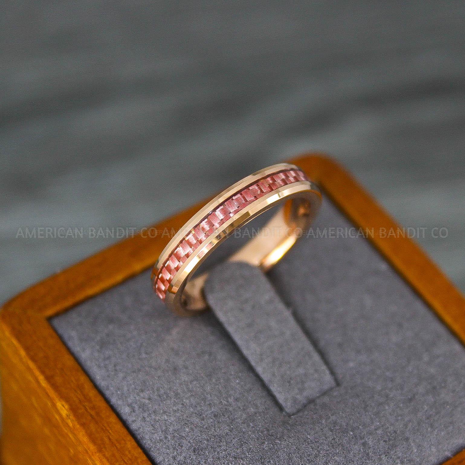 IMG_8203 Rose Gold Wedding Band, Rose Gold Wedding Ring, Rose Gold Tungsten Ring with Pink Carbon Fiber Inlay, 4mm Rose Gold Ring - Image 1