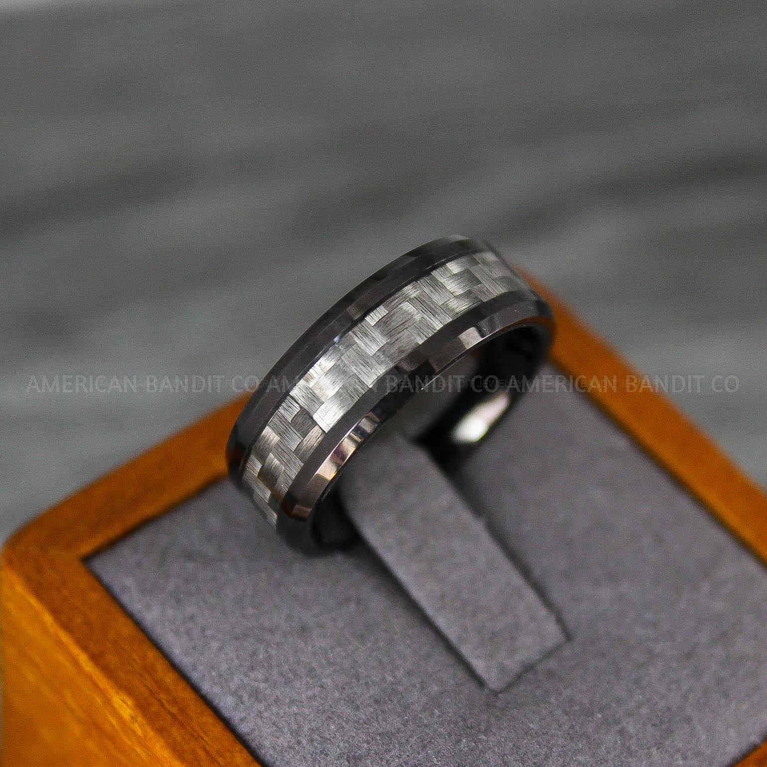 IMG_8207 Black Wedding Band, Black Wedding Ring, Black Tungsten Ring with Grey Carbon Fiber Inlay, 8mm Black Ring - Image 1