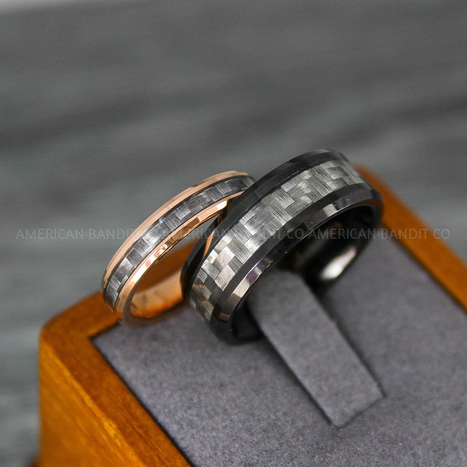 IMG_8208 Black Wedding Bands, Black Wedding Rings, Black Tungsten Rings with Grey Carbon Fiber Inlay - Image 1