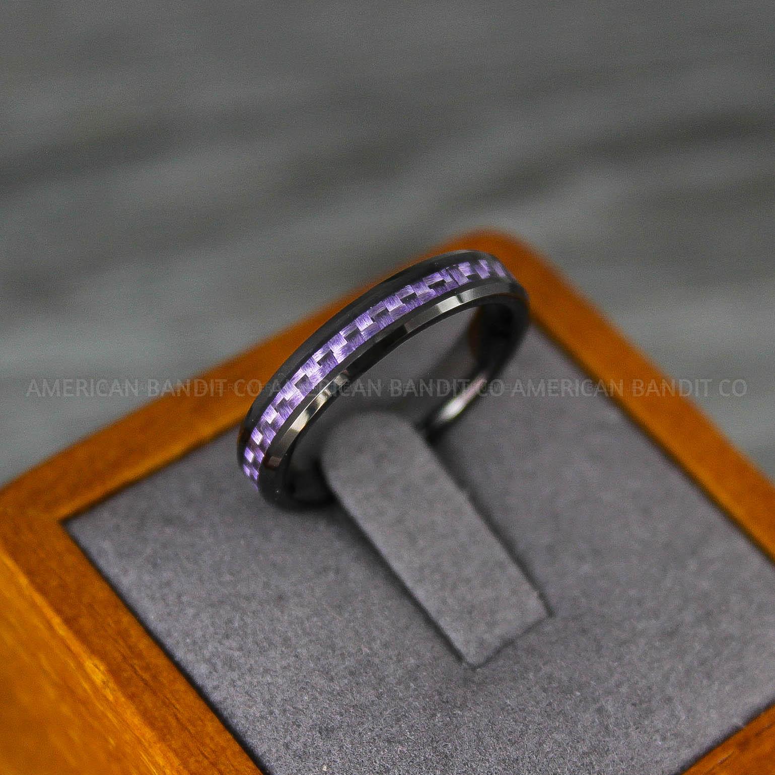 IMG_8209 Black Wedding Band, Black Wedding Ring, Black Tungsten Ring with Purple Carbon Fiber Inlay, 4mm Black Ring - Image 1