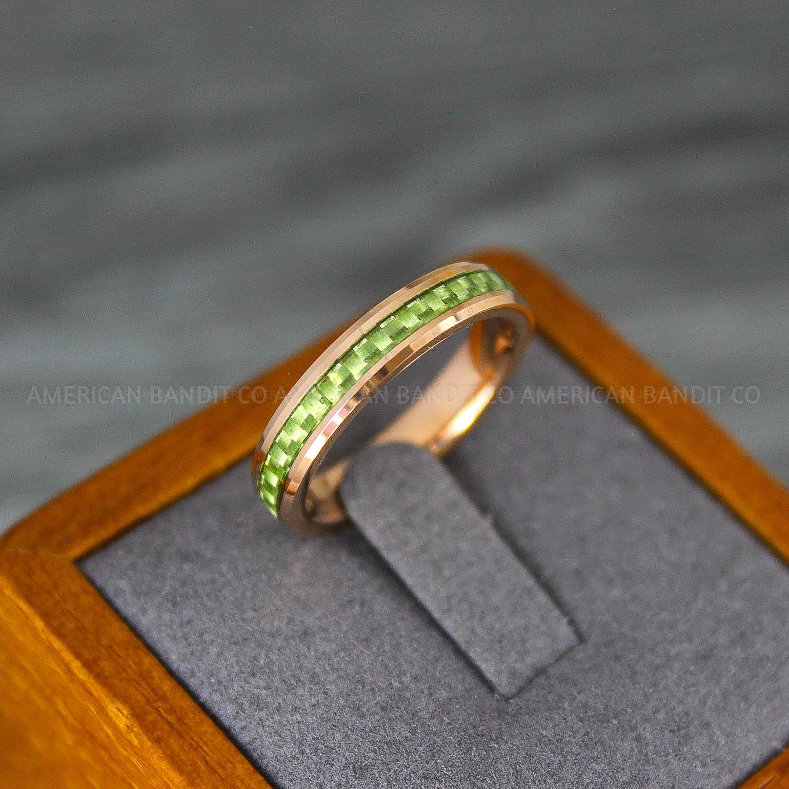 IMG_8210 Rose Gold Wedding Band, Rose Gold Wedding Ring, Rose Gold Tungsten Ring with Green Carbon Fiber Inlay, 4mm Rose Gold Ring - Image 1