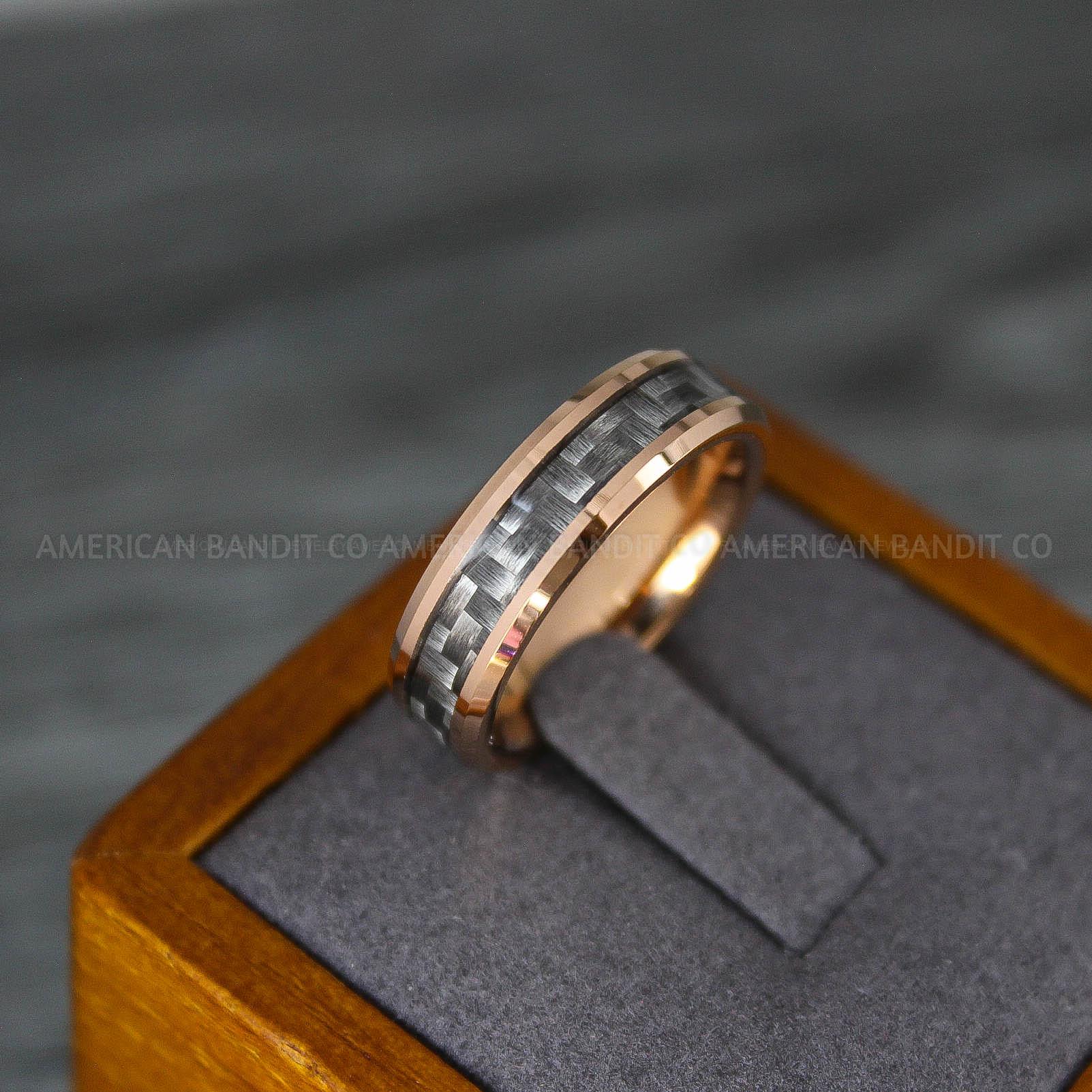 IMG_8220 Rose Gold Wedding Rings, Rose Gold Wedding Bands, Rose Gold Rings with Black Carbon Fiber Inlay - Image 1