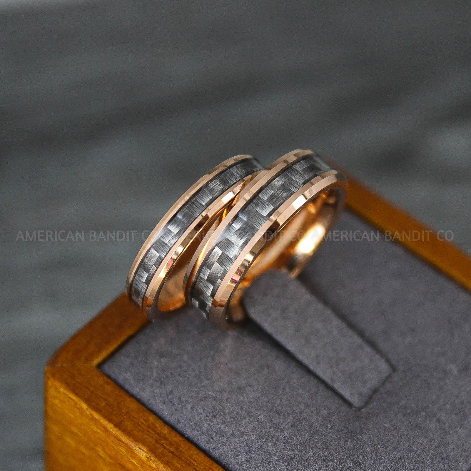 IMG_8221 Rose Gold Wedding Rings, Rose Gold Wedding Bands, Rose Gold Rings with Black Carbon Fiber Inlay - Image 1