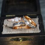 Rose Gold Wedding Rings, Rose Gold Wedding Bands, Rose Gold Rings with Black Carbon Fiber Inlay