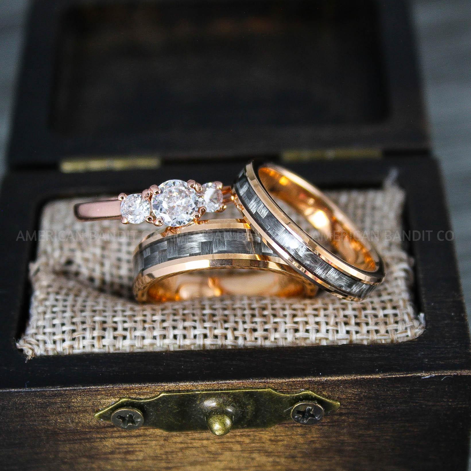 IMG_8223 Rose Gold Wedding Rings, Rose Gold Wedding Bands, Rose Gold Rings with Black Carbon Fiber Inlay - Image 1