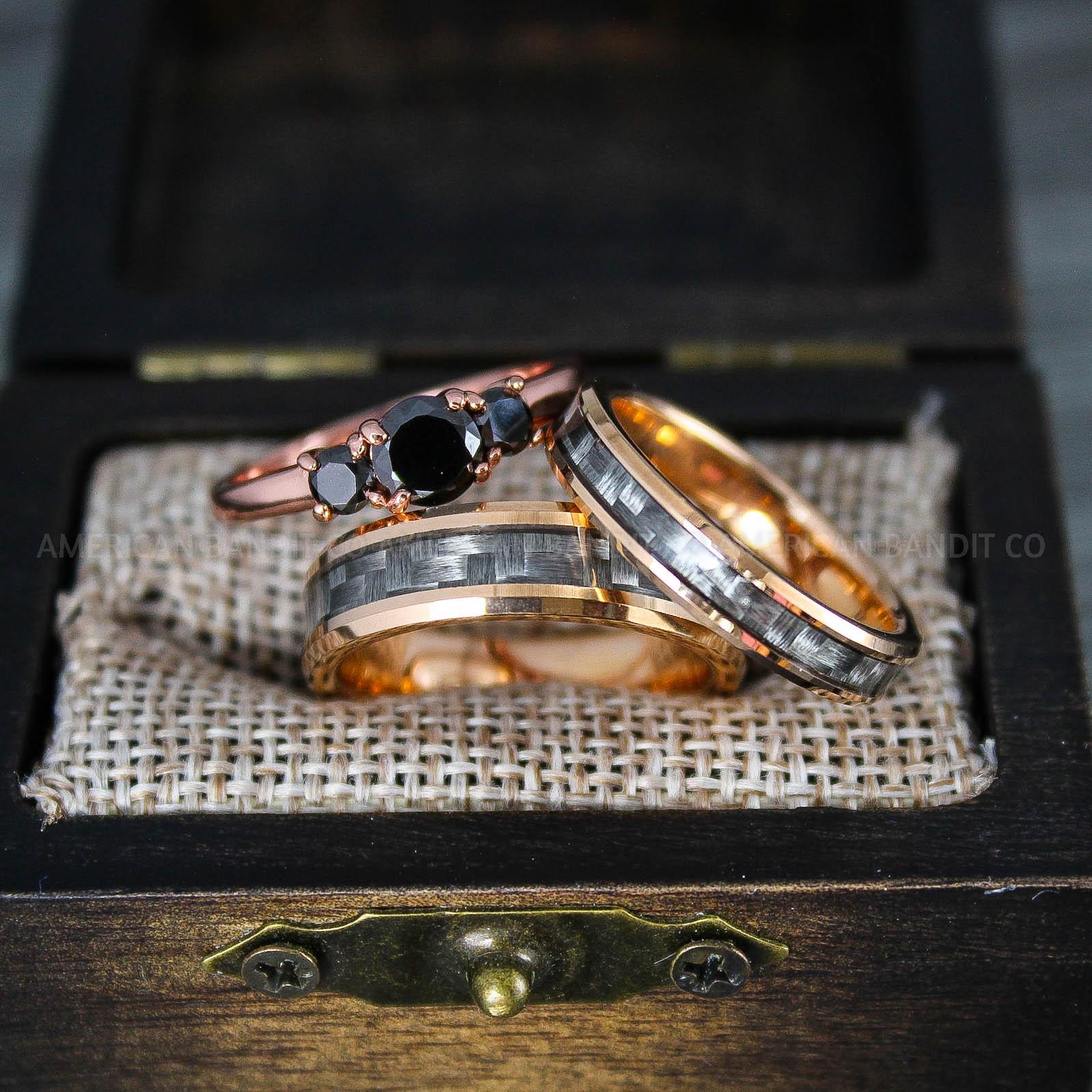 IMG_8224 Rose Gold Wedding Rings, Rose Gold Wedding Bands, Rose Gold Rings with Black Carbon Fiber Inlay - Image 1