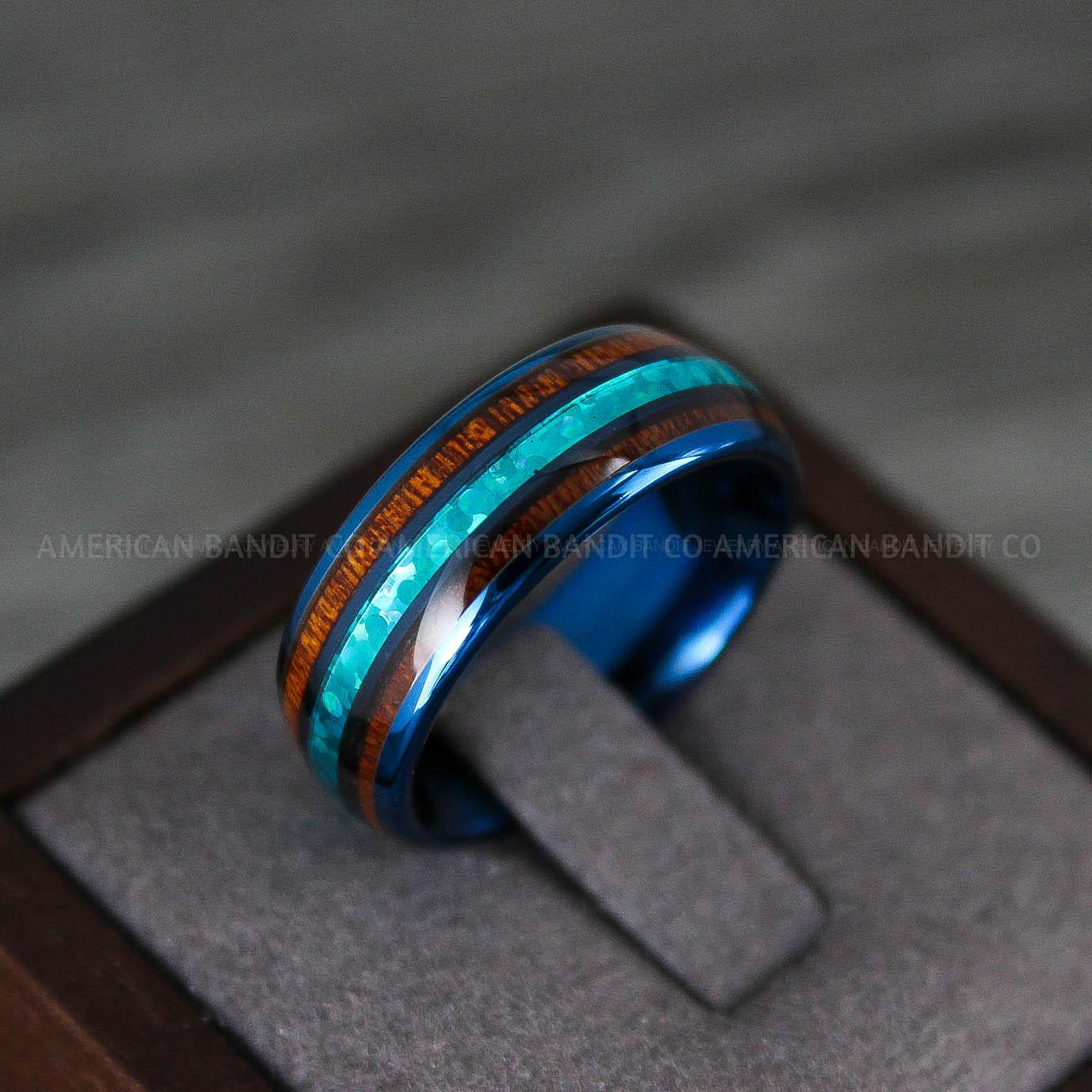 IMG_8230 Opal Ring, Opal Wedding Band, Galaxy Ring, Galaxy Wedding Band, Wood Wedding Ring, Blue Wedding Band - Image 1