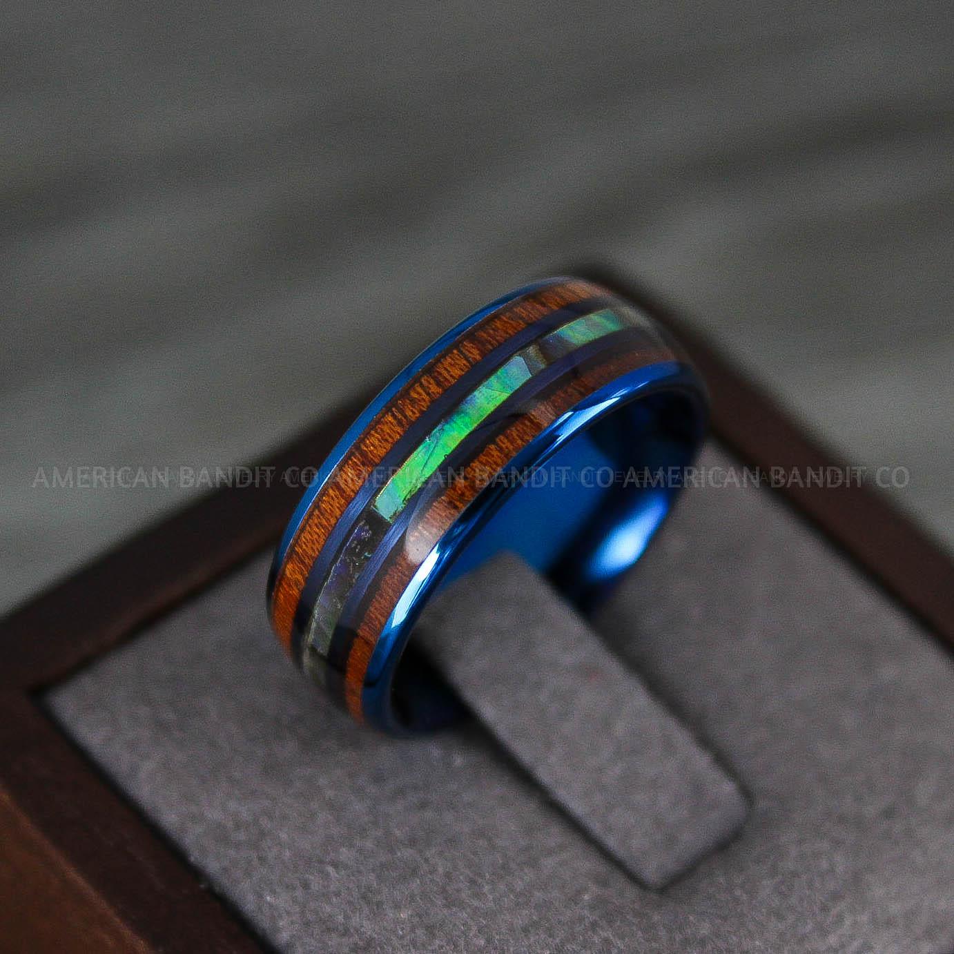 IMG_8231 Abalone Shell Ring, Abalone Shell Wedding Band, Galaxy Wedding Band, Wood Wedding Ring, Blue Wedding Band - Image 1