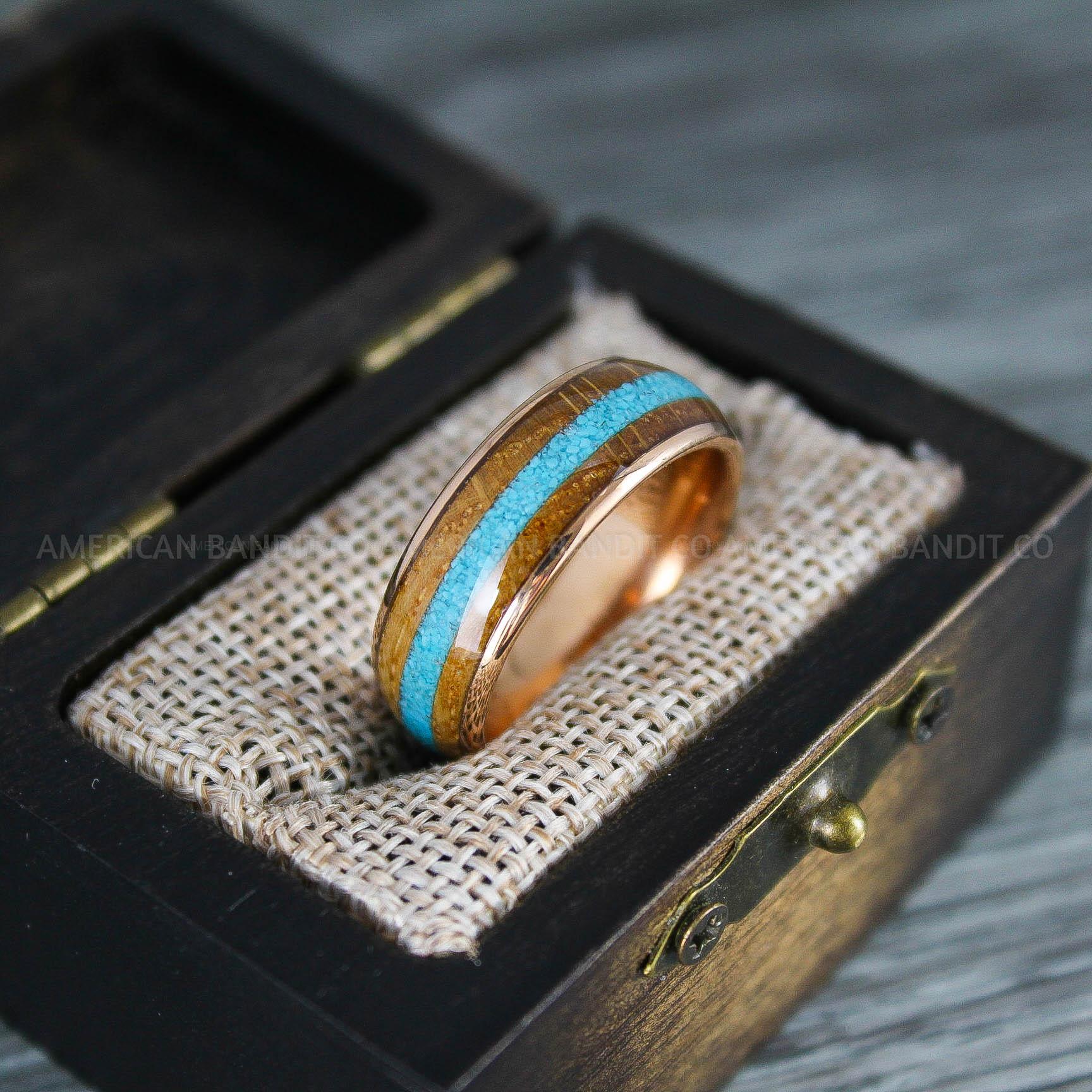 IMG_8264 Turquoise Ring, Whiskey Barrel Wood Ring, Turquoise Wedding Band, Galaxy Ring, Galaxy Wedding Band, Crushed Turquoise Wedding Ring - Image 1
