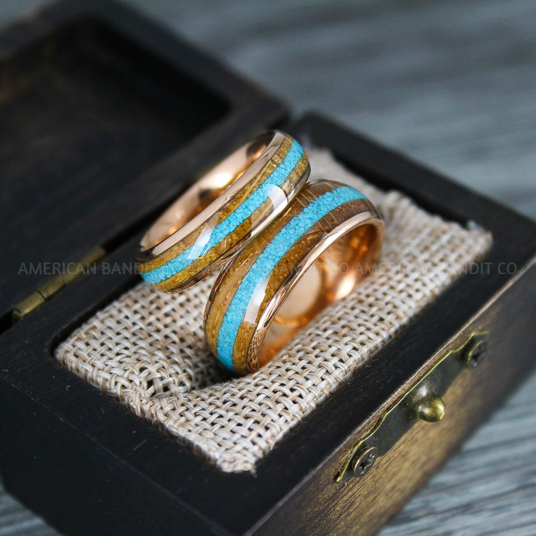 IMG_8265 Turquoise Rings, Whiskey Barrel Wood Rings, Turquoise Wedding Bands, Galaxy Rings, Galaxy Wedding Bands, Crushed Turquoise Wedding Rings - Image 1