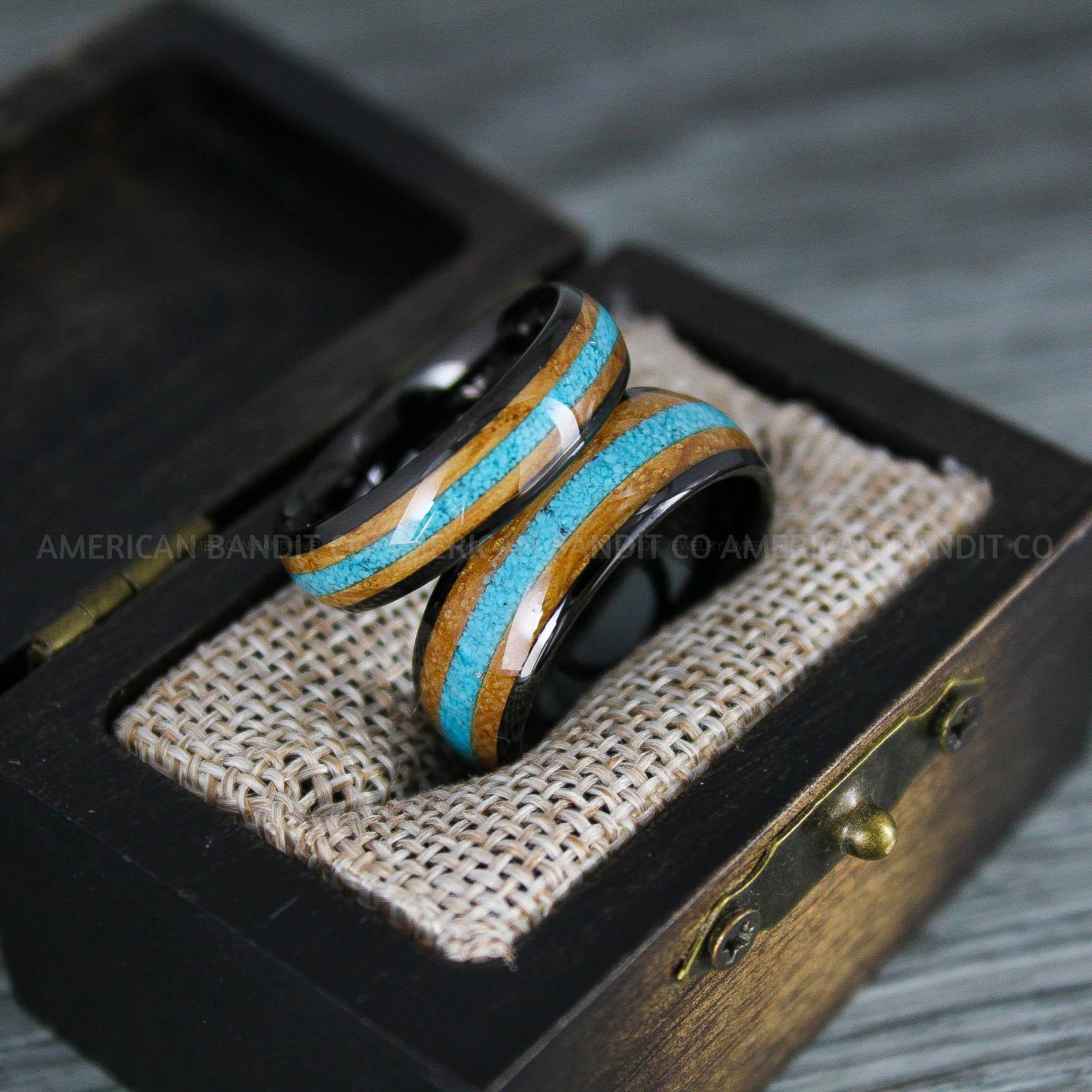 IMG_8273 Turquoise Rings, Whiskey Barrel Wood Rings, Turquoise Wedding Bands, Galaxy Rings, Galaxy Wedding Bands, Crushed Turquoise Wedding Rings - Image 1