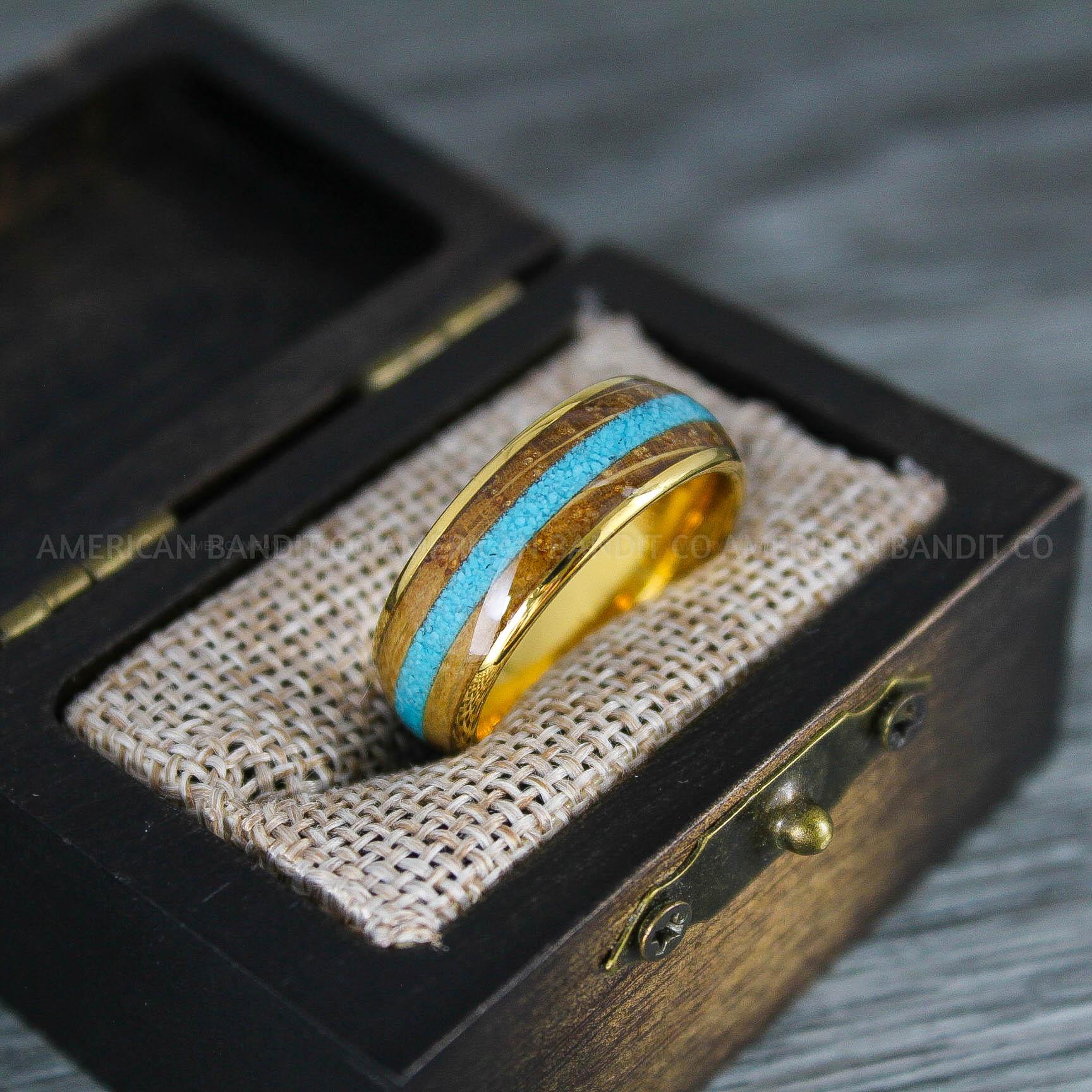 IMG_8288 Turquoise Ring, Whiskey Barrel Wood Ring, Turquoise Wedding Band, Galaxy Ring, Galaxy Wedding Band, Crushed Turquoise Wedding Ring - Image 1