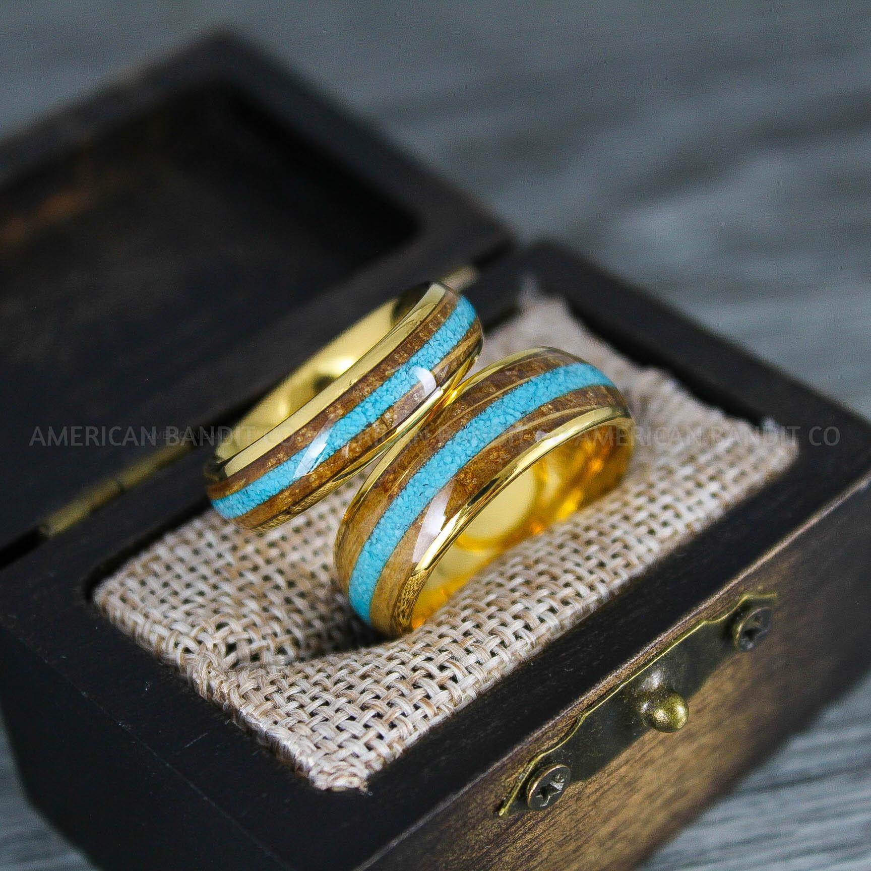 IMG_8289 Turquoise Rings, Whiskey Barrel Wood Rings, Turquoise Wedding Bands, Galaxy Rings, Galaxy Wedding Bands, Crushed Turquoise Wedding Rings - Image 1