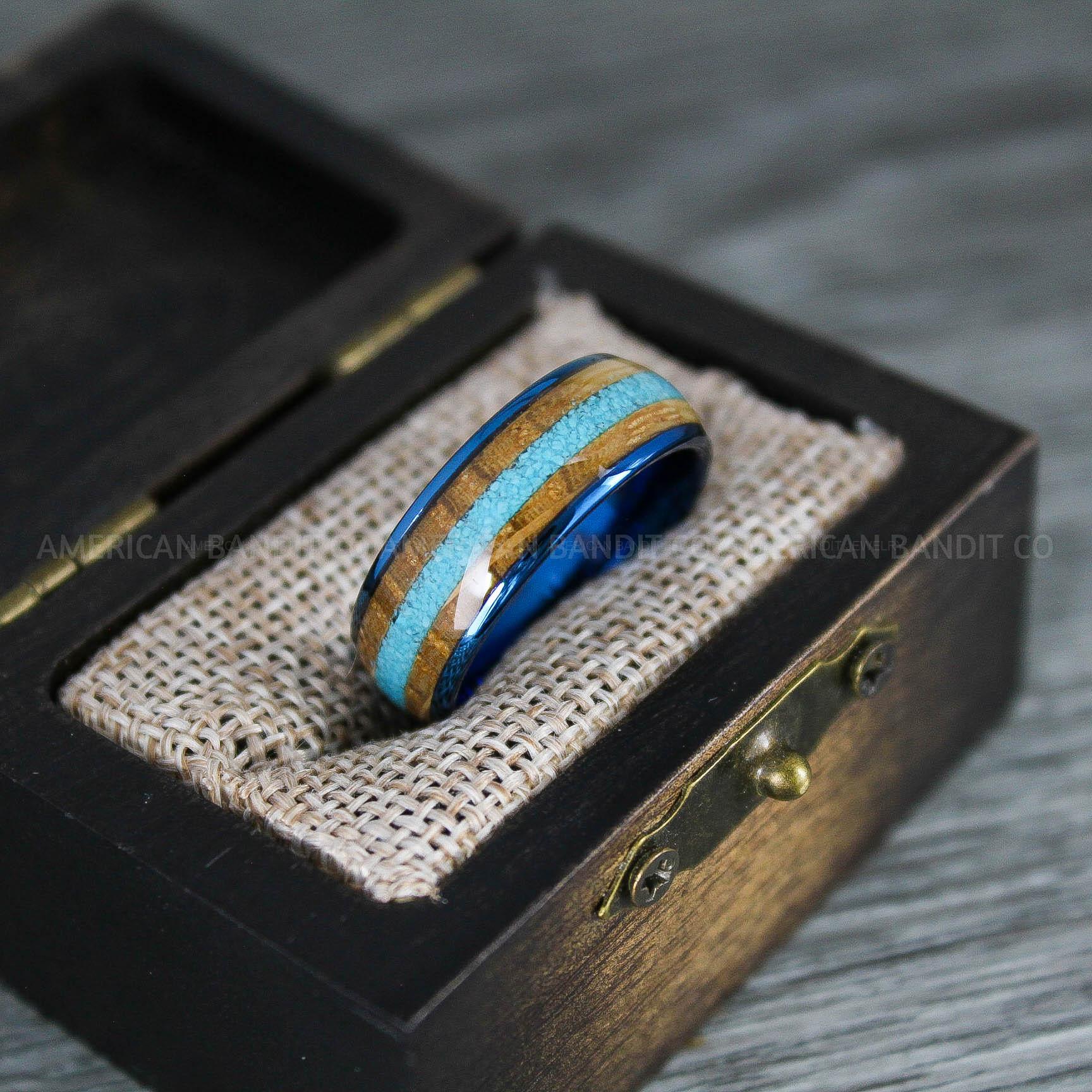 IMG_8302 Turquoise Ring, Whiskey Barrel Wood Ring, Turquoise Wedding Band, Galaxy Ring, Galaxy Wedding Band, Crushed Turquoise Wedding Ring - Image 1