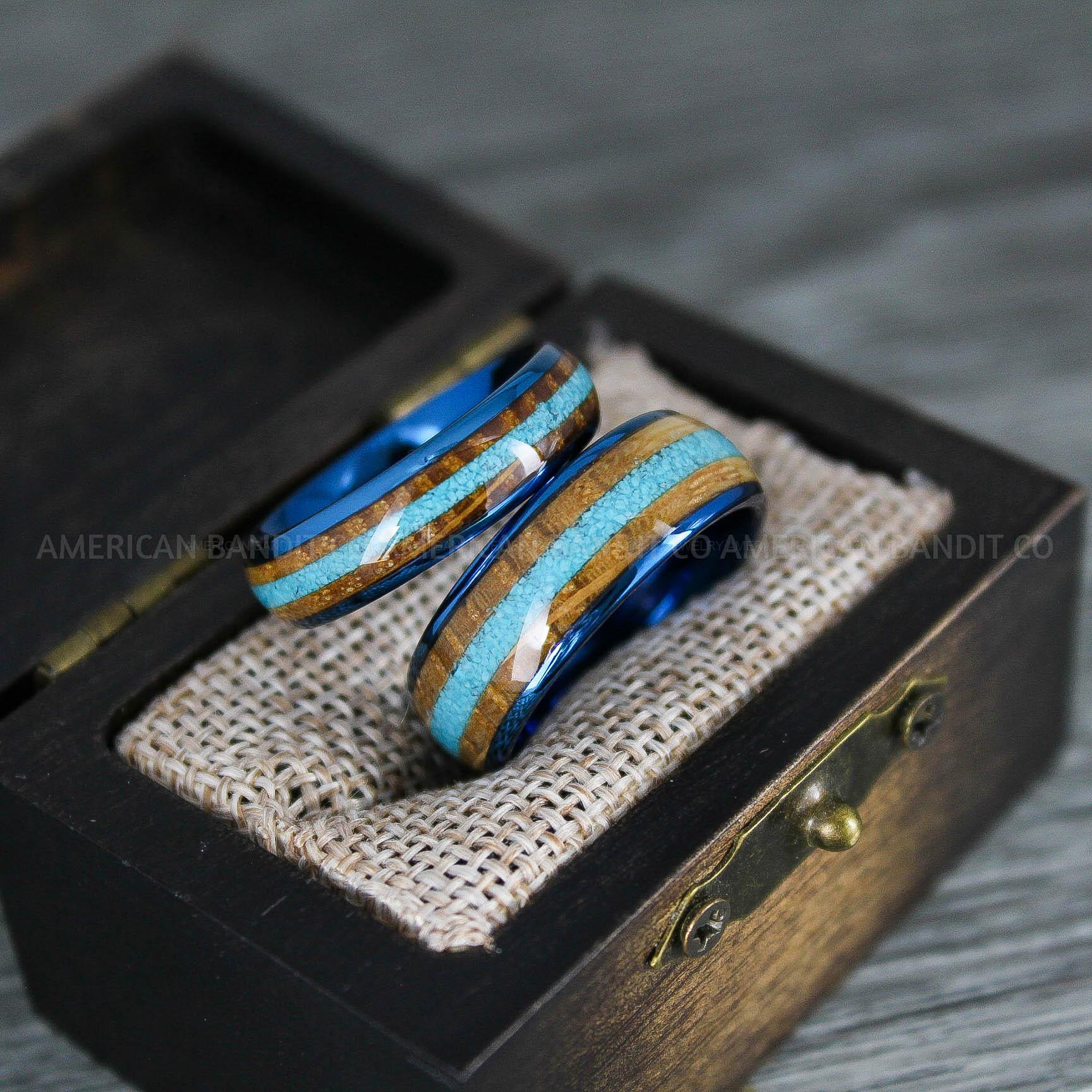 IMG_8303 Turquoise Rings, Whiskey Barrel Wood Rings, Turquoise Wedding Bands, Galaxy Rings, Galaxy Wedding Bands, Crushed Turquoise Wedding Rings - Image 1