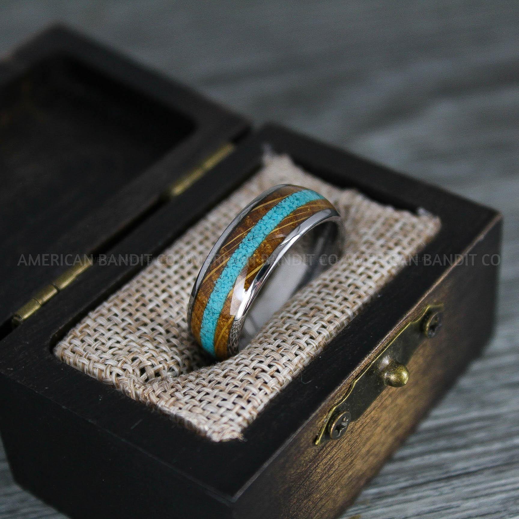 IMG_8304 Turquoise Ring, Whiskey Barrel Wood Ring, Turquoise Wedding Band, Galaxy Ring, Galaxy Wedding Band, Crushed Turquoise Wedding Ring - Image 1