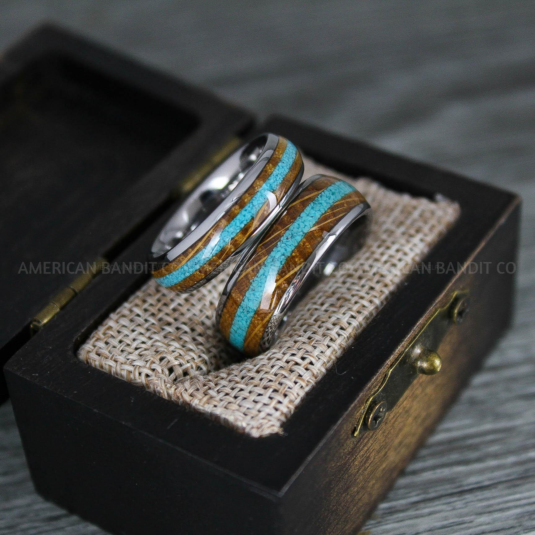 IMG_8305 Turquoise Ring, Whiskey Barrel Wood Ring, Turquoise Wedding Band, Galaxy Ring, Galaxy Wedding Band, Crushed Turquoise Wedding Rin - Image 1