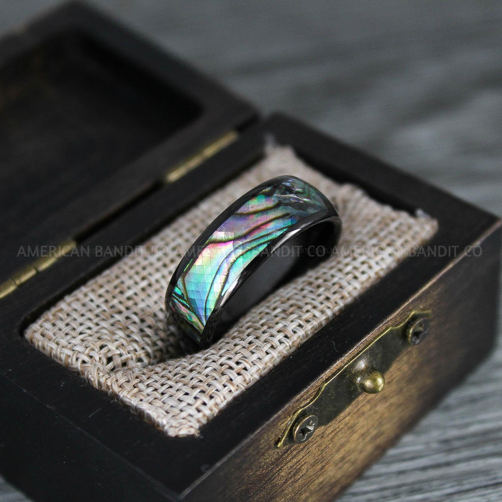 IMG_8322 Abalone Shell Ring, Abalone Shell Jewelry, Abalone Shell Wedding Band, Black Wedding Ring - Image 1