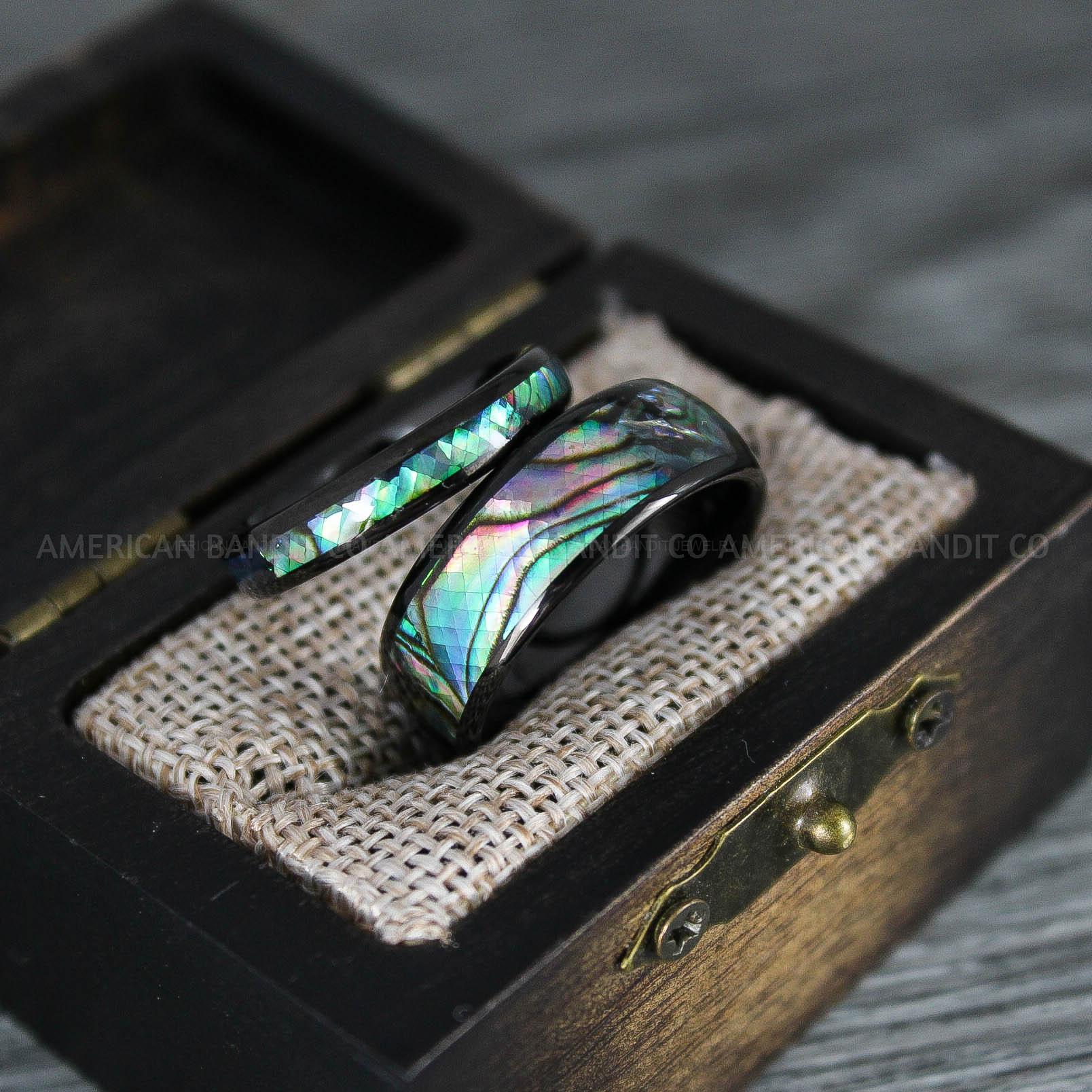 IMG_8323 Abalone Shell Rings, Abalone Shell Jewelry, Abalone Shell Wedding Bands, Black Wedding Rings - Image 1