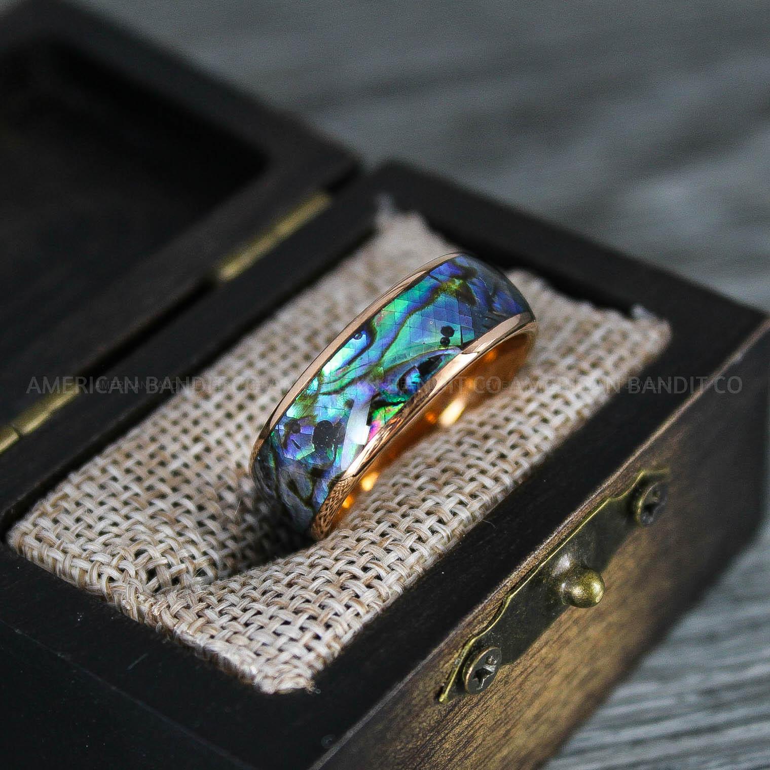 IMG_8328 Abalone Shell Ring, Abalone Shell Jewelry, Abalone Shell Wedding Band, Rose Gold Wedding Ring - Image 1
