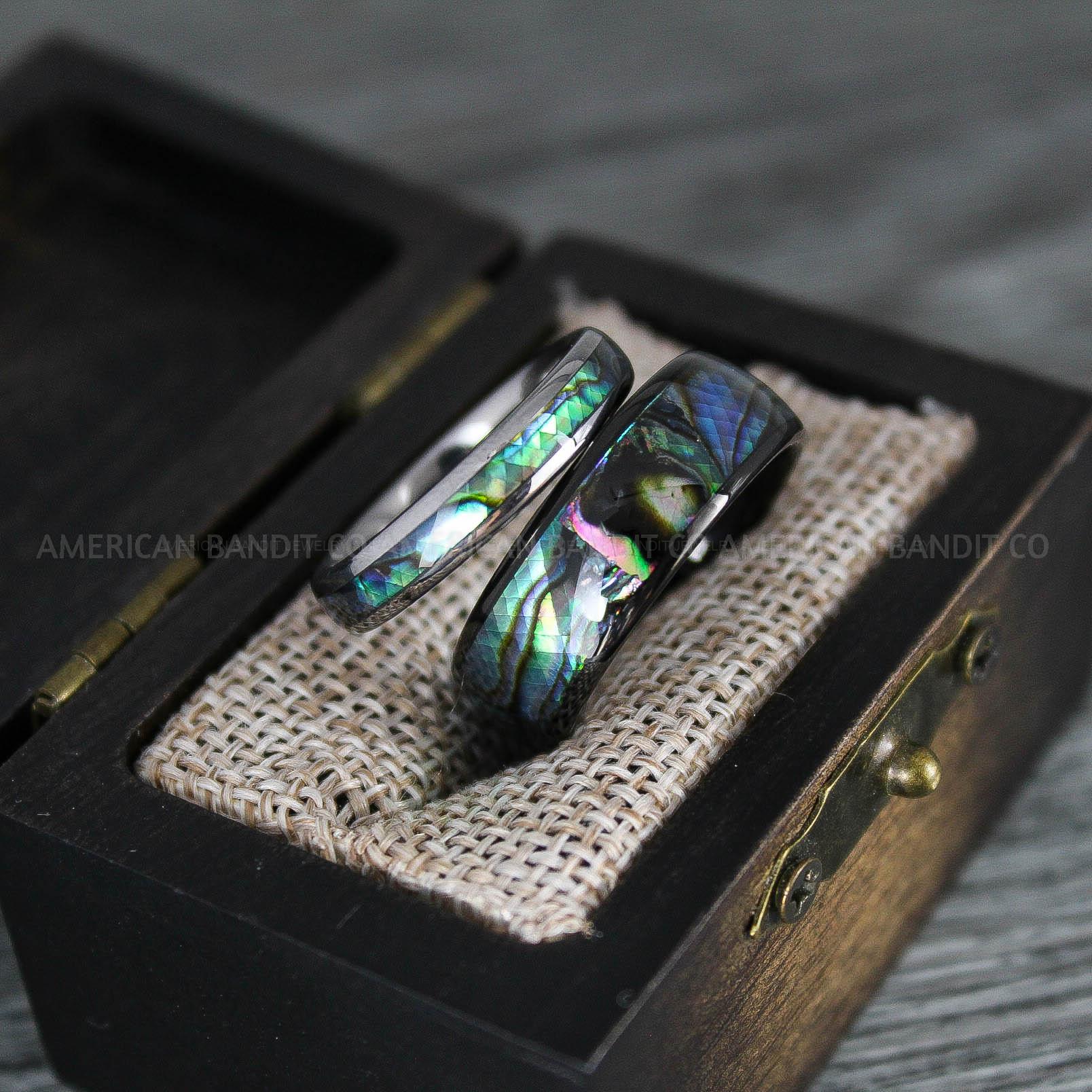 IMG_8330 Abalone Shell Rings, Abalone Shell Jewelry, Abalone Shell Wedding Bands, Black Wedding Rings - Image 1