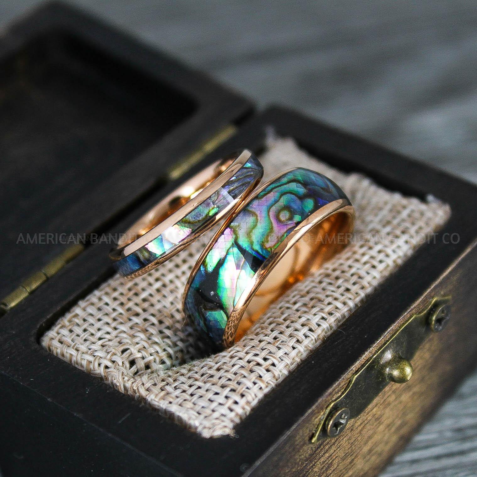 IMG_8331 Abalone Shell Rings, Abalone Shell Jewelry, Abalone Shell Wedding Bands, Rose Gold Wedding Rings - Image 1