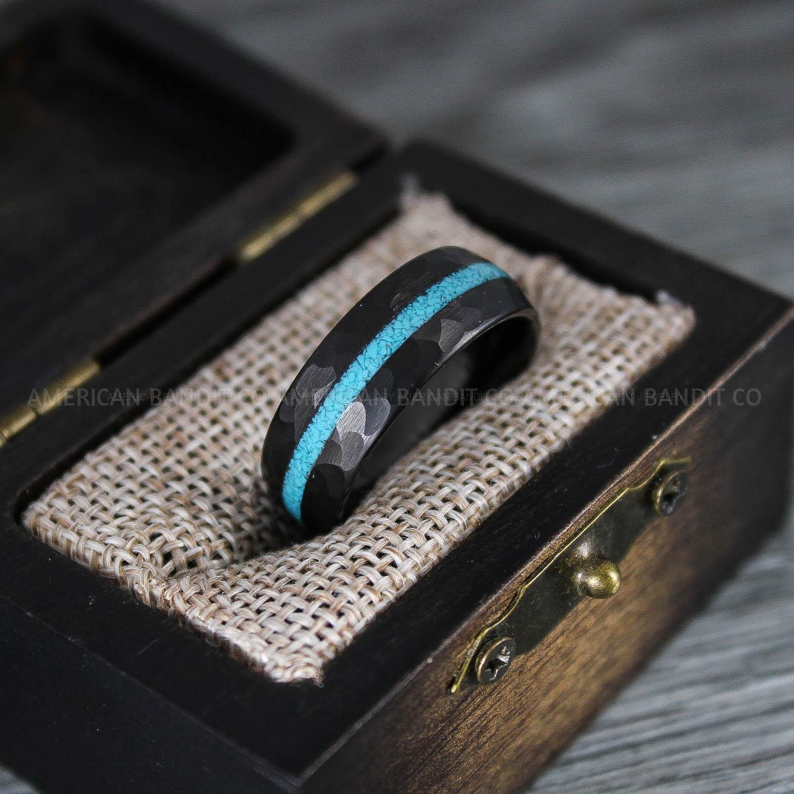 IMG_8364 Turquoise Ring, Turquoise Wedding Ring, Turquoise Wedding Band, Turquoise Jewelry, Black Wedding Ring, Black Wedding Band, Crushed Turquoise Ring - Image 1