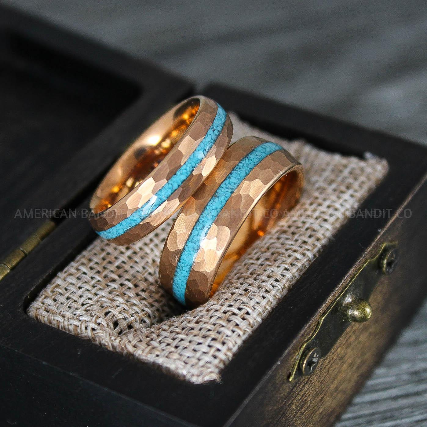 IMG_8369 Turquoise Rings, Turquoise Wedding Rings, Turquoise Wedding Bands, Turquoise Jewelry, Rose Gold Wedding Rings, Rose Gold Wedding Bands, Crushed Turquoise Rings - Image 1