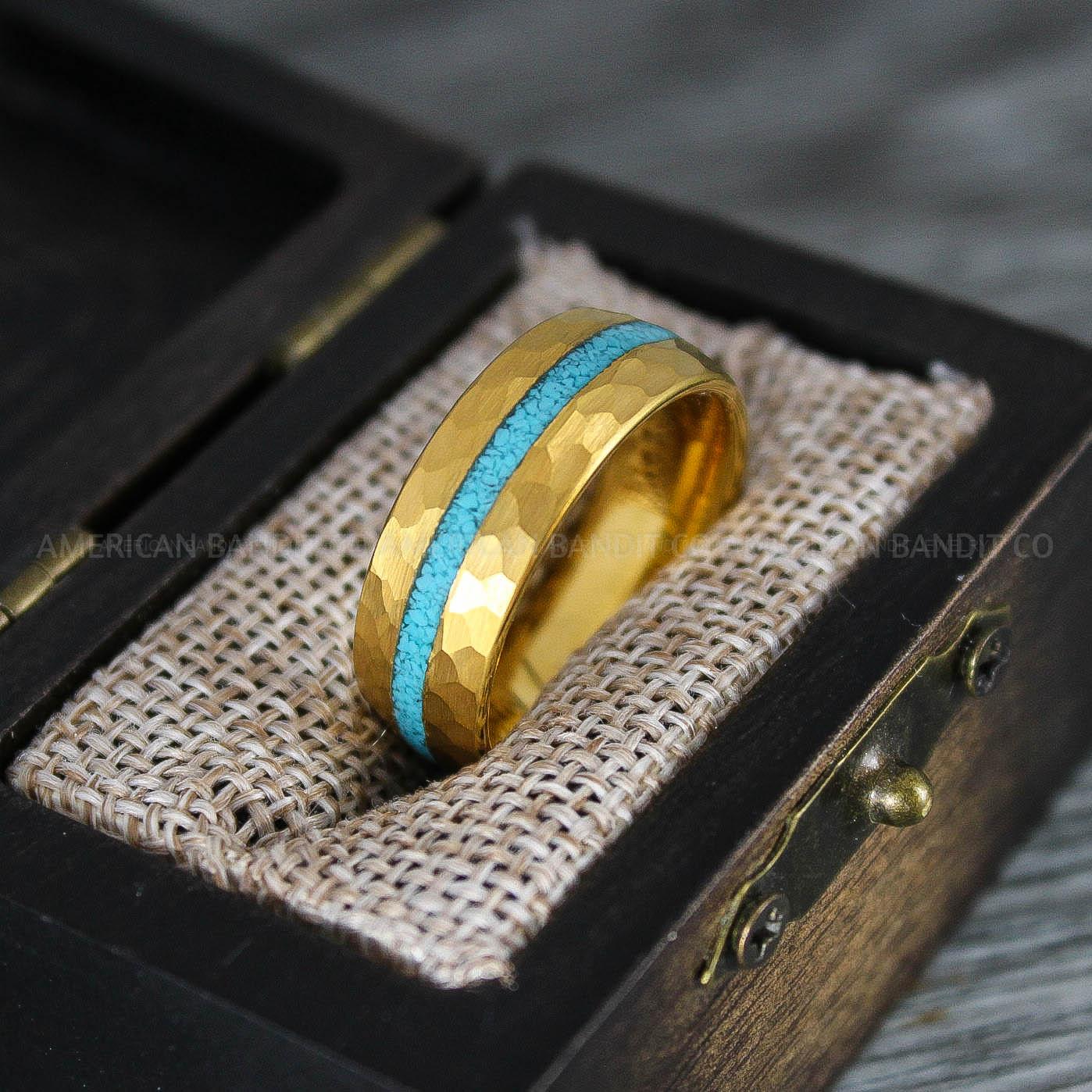 IMG_8370 Turquoise Ring, Turquoise Wedding Ring, Turquoise Wedding Band, Turquoise Jewelry, Yellow Gold Wedding Ring, Yellow Gold Wedding Band, Crushed Turquoise Ring - Image 1