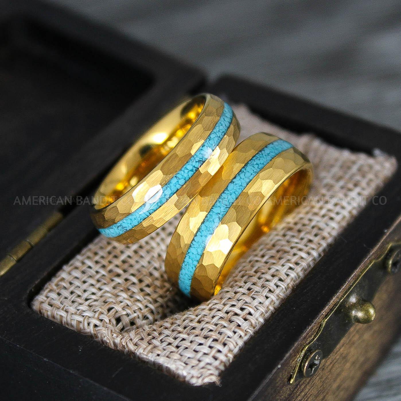 IMG_8371 Turquoise Rings, Turquoise Wedding Rings, Turquoise Wedding Bands, Turquoise Jewelry, Yellow Gold Wedding Rings, Yellow Gold Wedding Bands, Crushed Turquoise Rings - Image 1