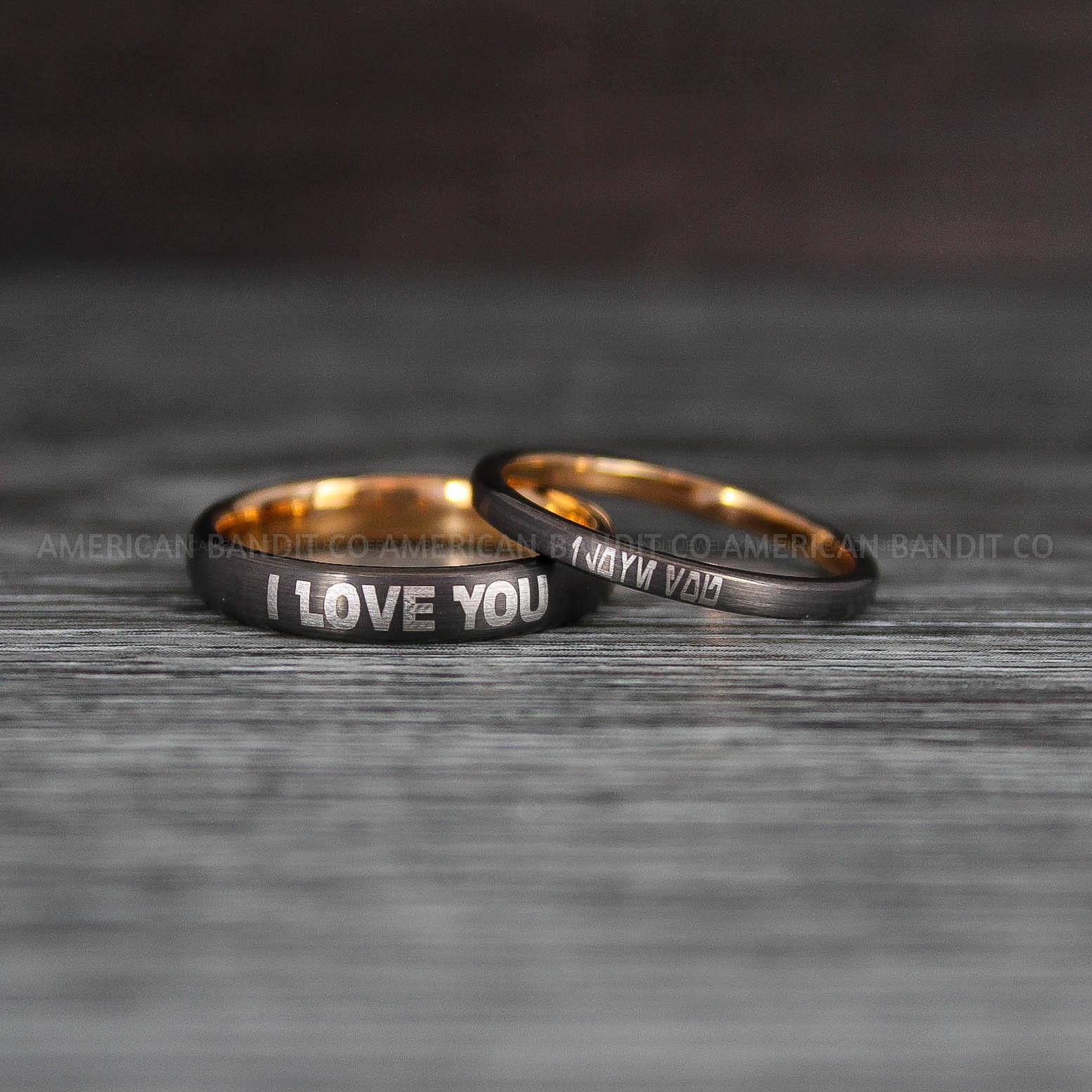 IMG_8486 I Love You I Know Rings, Aurebesh Rings, Gunmetal Wedding Bands, Aurebesh Wedding Bands, Aurebesh Wedding Rings, Aurebesh Jewelry - Image 1