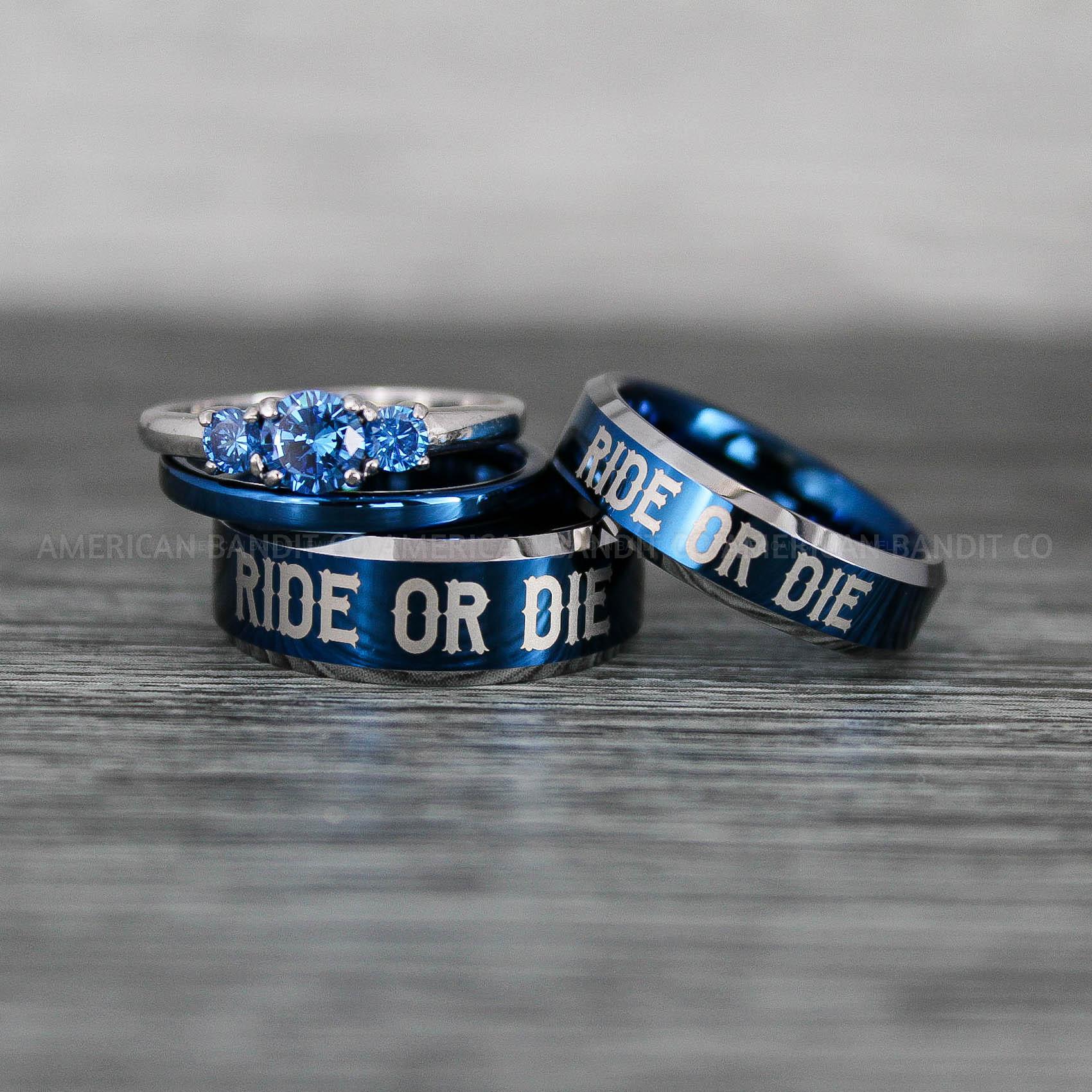 IMG_8535 Ride or Die Rings, Ride or Die, Ride or Die Wedding Rings, Ride or Die Wedding Bands, Blue Wedding Rings, Blue Wedding Bands, Biker Rings - Image 1