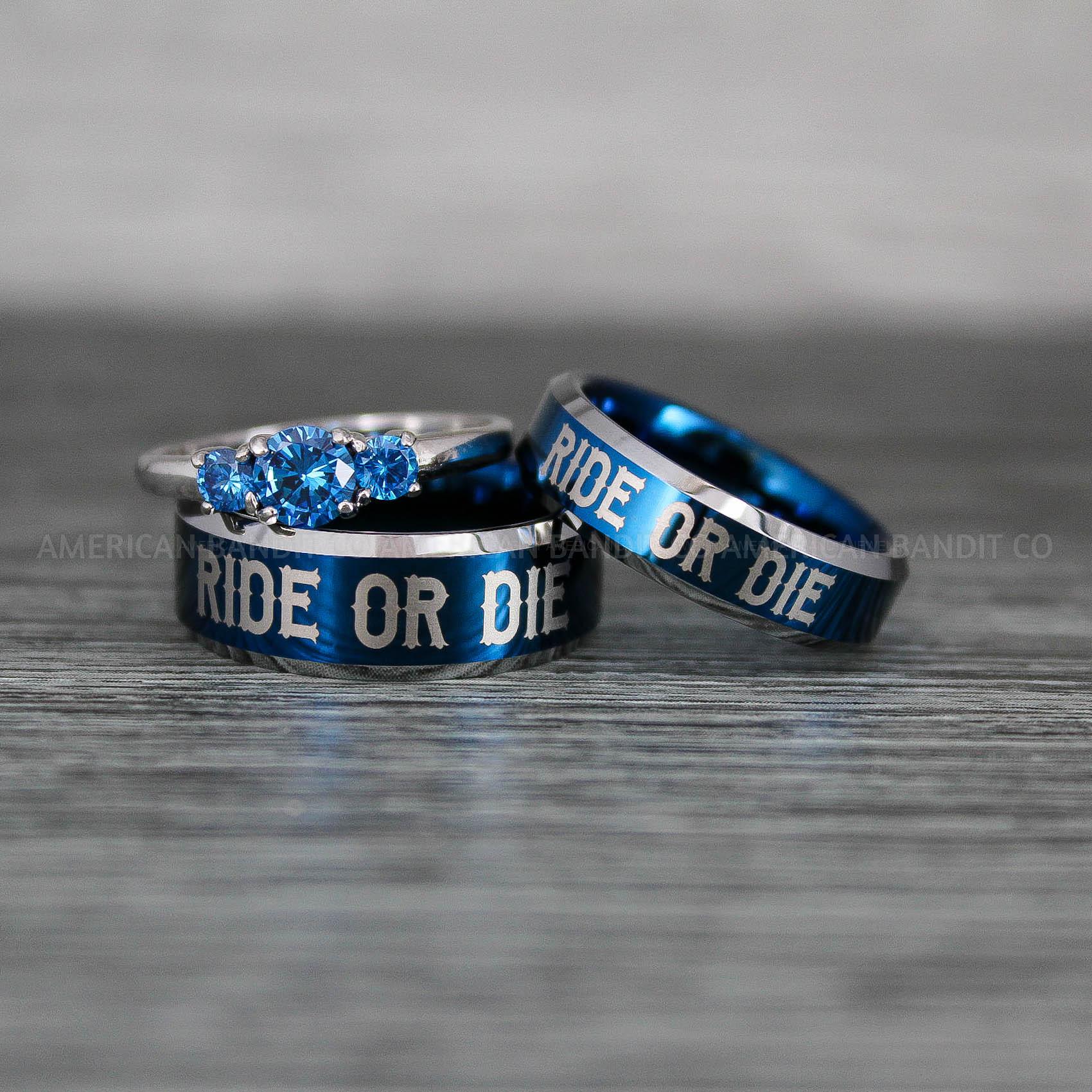 IMG_8537 Ride or Die Rings, Ride or Die, Ride or Die Wedding Rings, Ride or Die Wedding Bands, Blue Wedding Rings, Blue Wedding Bands, Biker Rings - Image 1