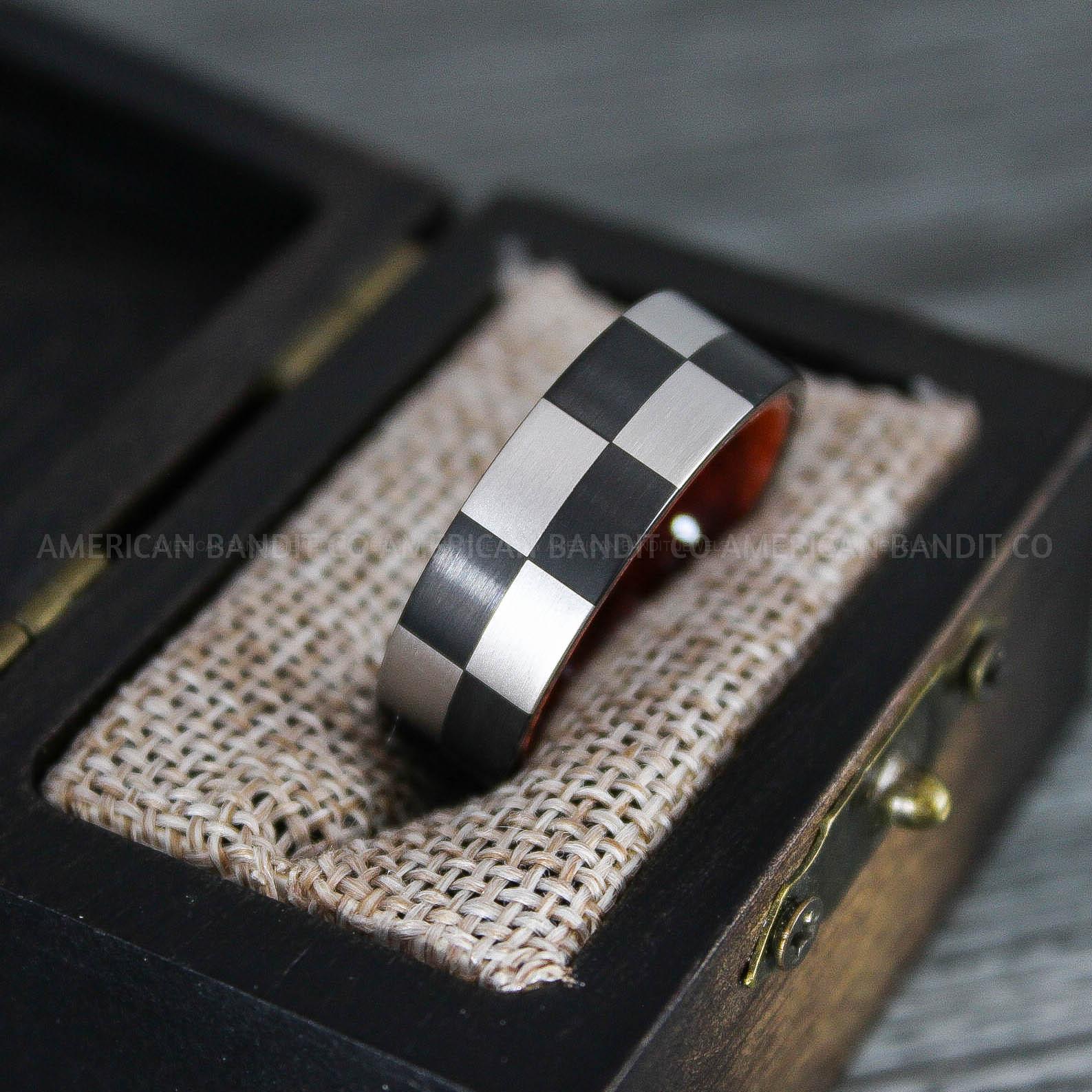 IMG_8634 Checkered Flag Rings, Motor Sports Jewelry, Auto Racing Rings, Car Racing Rings, Checkered Flag Pattern Wedding Band - Image 1