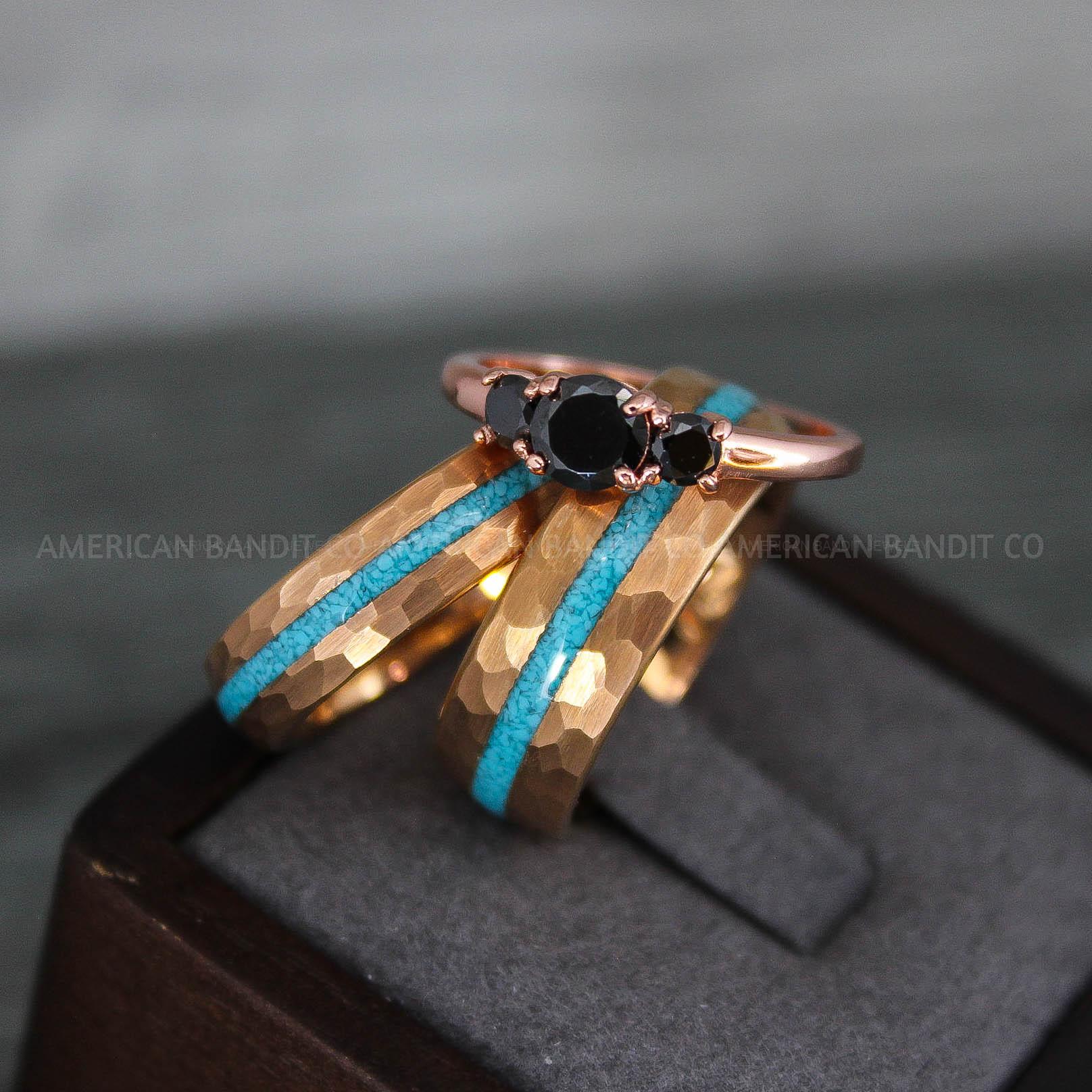 IMG_8782 Turquoise Rings, Turquoise Wedding Rings, Turquoise Wedding Bands, Turquoise Jewelry, Rose Gold Wedding Rings, Rose Gold Wedding Bands, Crushed Turquoise Rings - Image 1