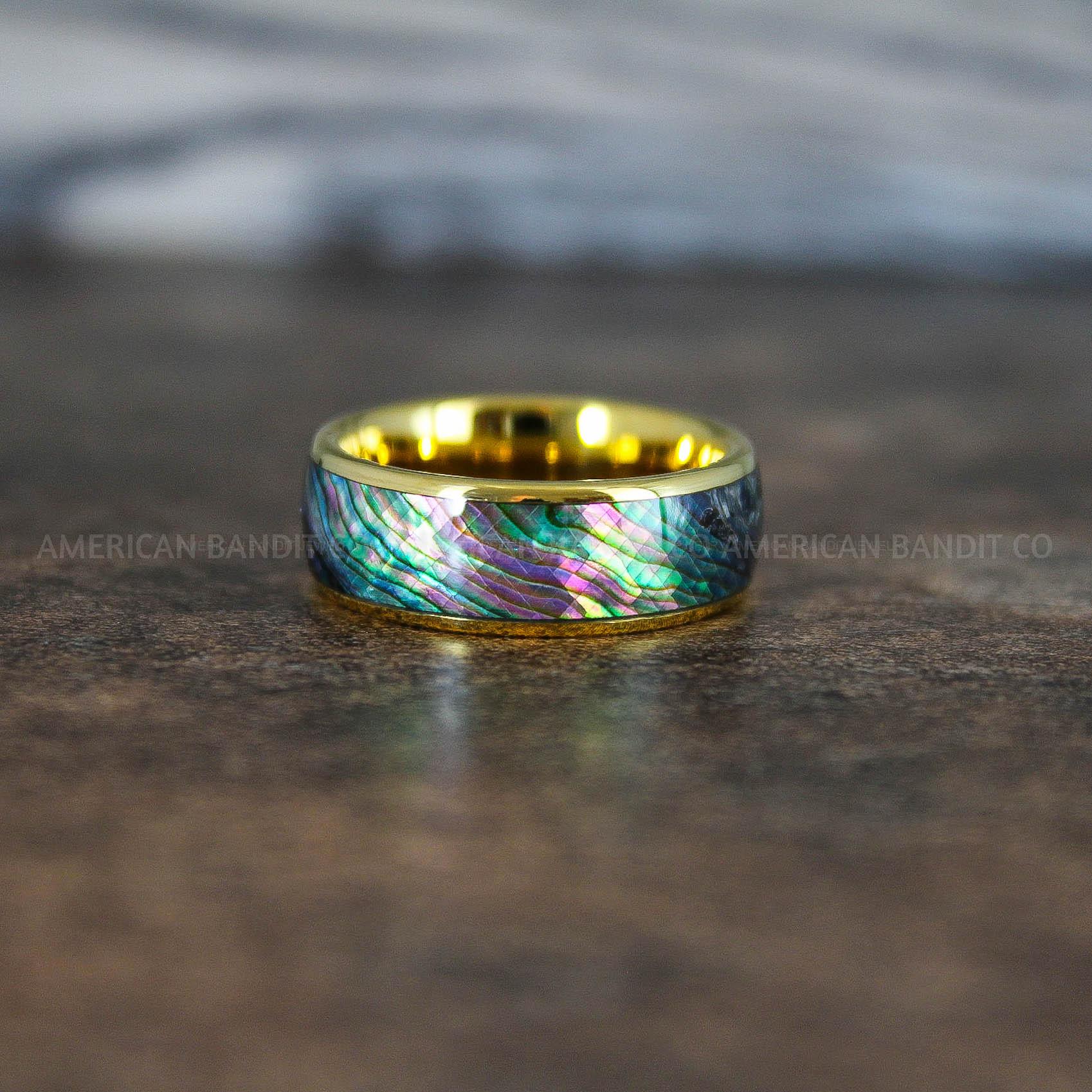 IMG_8856 Abalone Shell Ring, Abalone Shell Jewelry, Abalone Shell Wedding Band, Yellow Gold Wedding Ring - Image 1