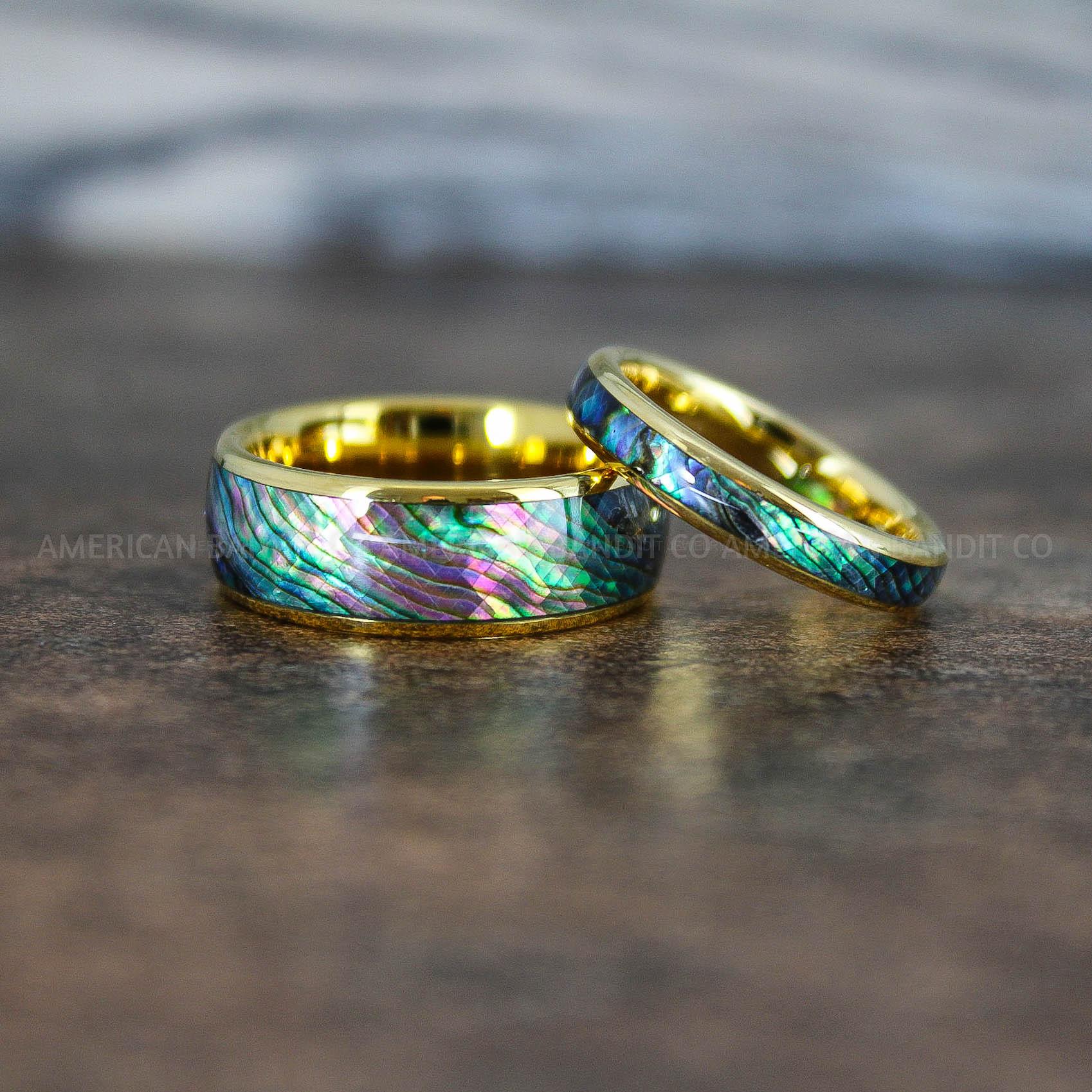IMG_8857 Abalone Shell Rings, Abalone Shell Jewelry, Abalone Shell Wedding Bands, Yellow Gold Wedding Rings - Image 1