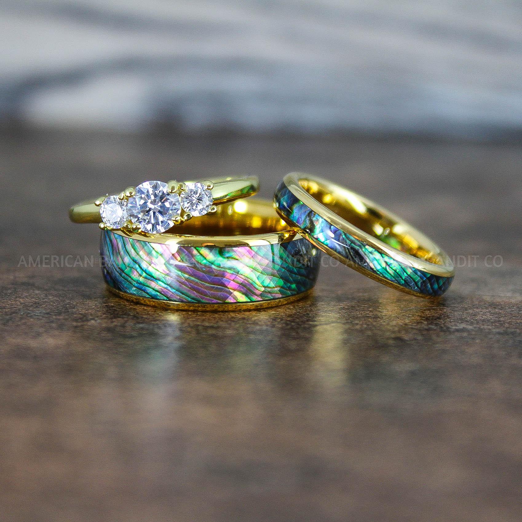 IMG_8858 Abalone Shell Rings, Abalone Shell Jewelry, Abalone Shell Wedding Bands, Yellow Gold Wedding Rings - Image 1