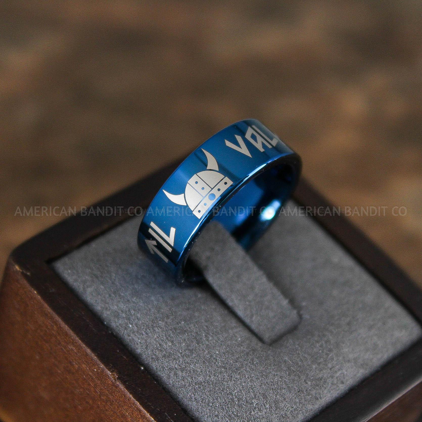 IMG_9020 Til Valhalla Rings, Viking Rings, Runes Rings, Valknut Rings, Nordic Rings, Norsemen Rings, Nordic Runes Rings, Blue Tungsten Bands - Image 1