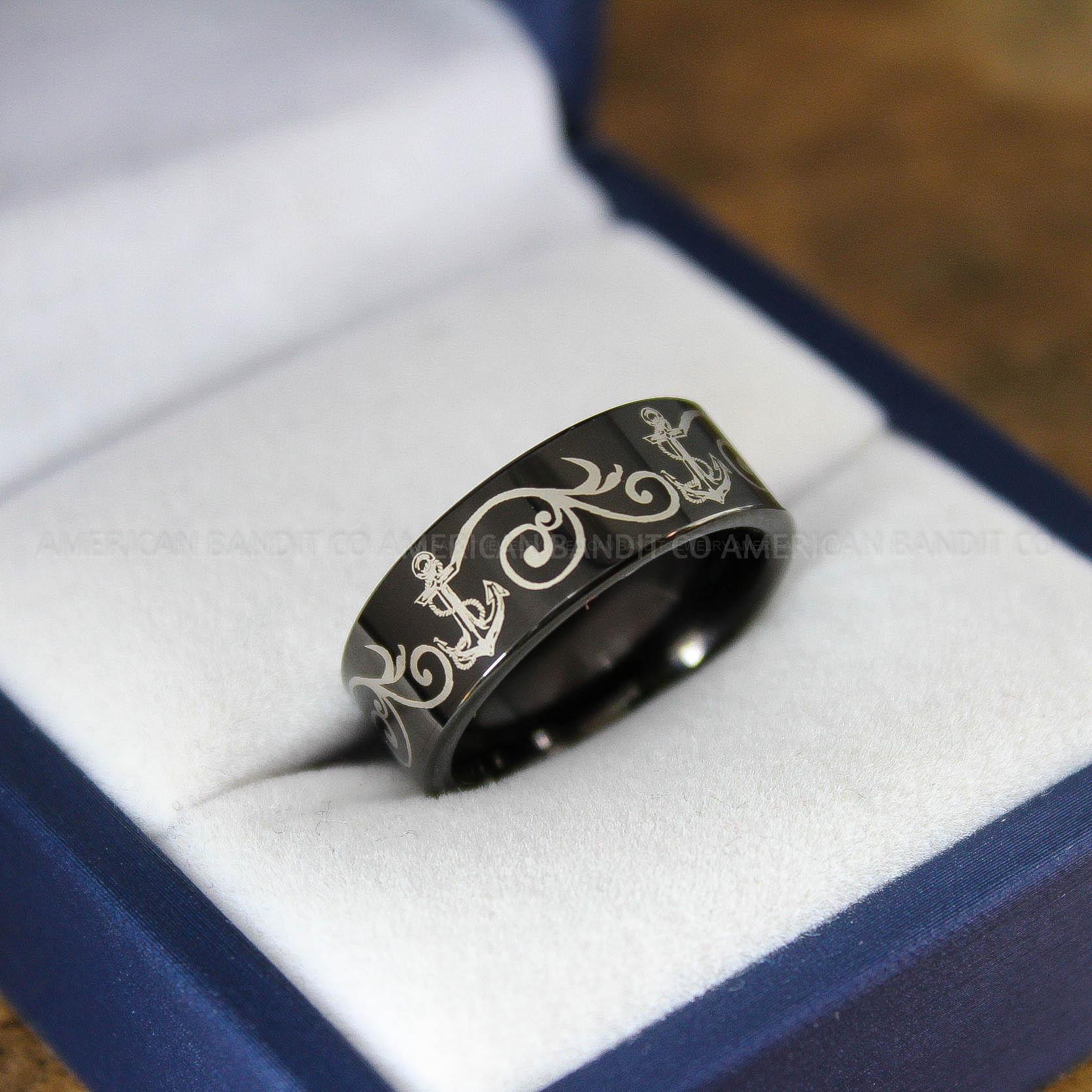 IMG_9170 Nautical Ring, Anchor Ring, Black Anchor Rings, Black Wedding Rings, Black Nautical Rings, Black Wedding Bands, Black Anchor Tungsten Rings - Image 1